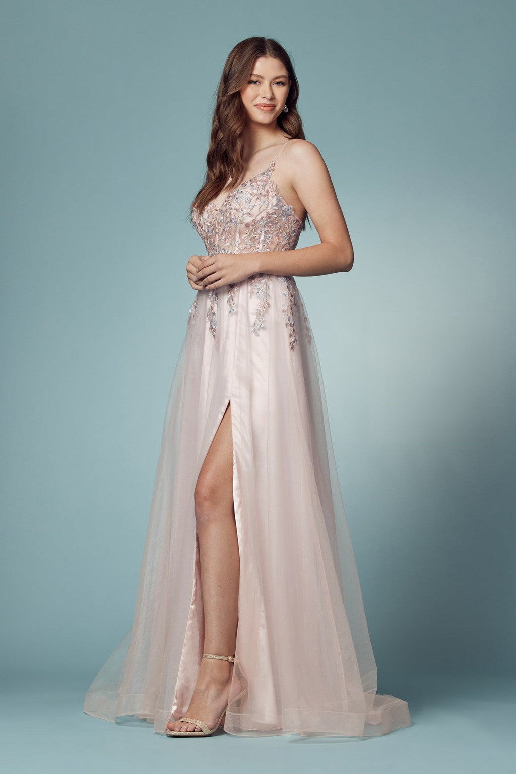 Blush Pink A-Line Gown with Floral Embroidered Bodice and High Slit NXS1015