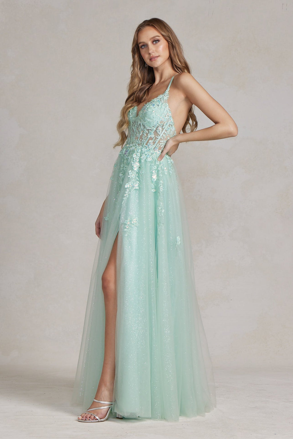 Mint Green Glitter Tulle A-Line Gown with Lace Bodice & Slit – Sparkling Prom or Formal Dress NXT1081
