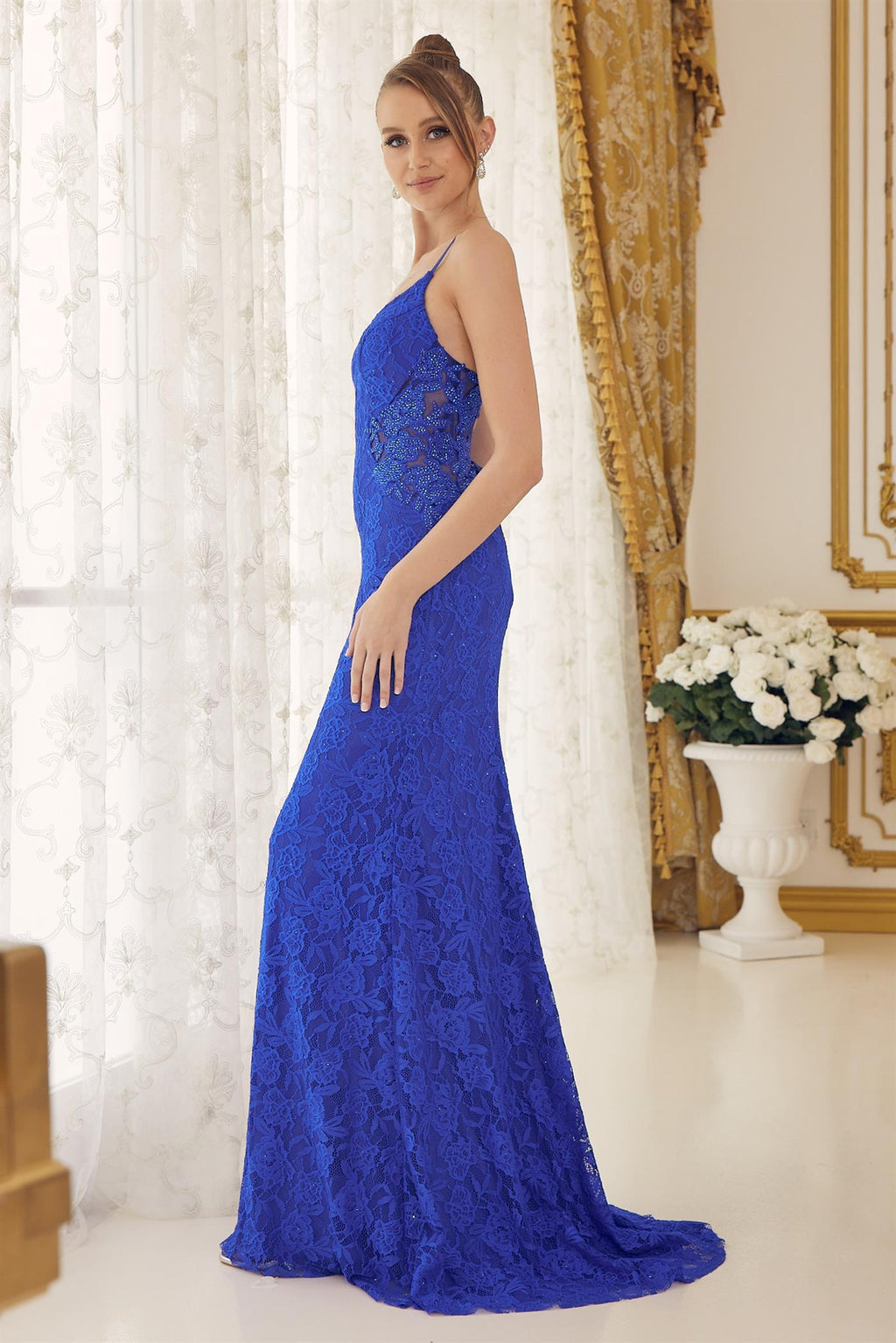 Royal Blue Sequin Lace Fitted Gown with Illusion Mesh Bodice – Elegant Formal Dress NXE1076