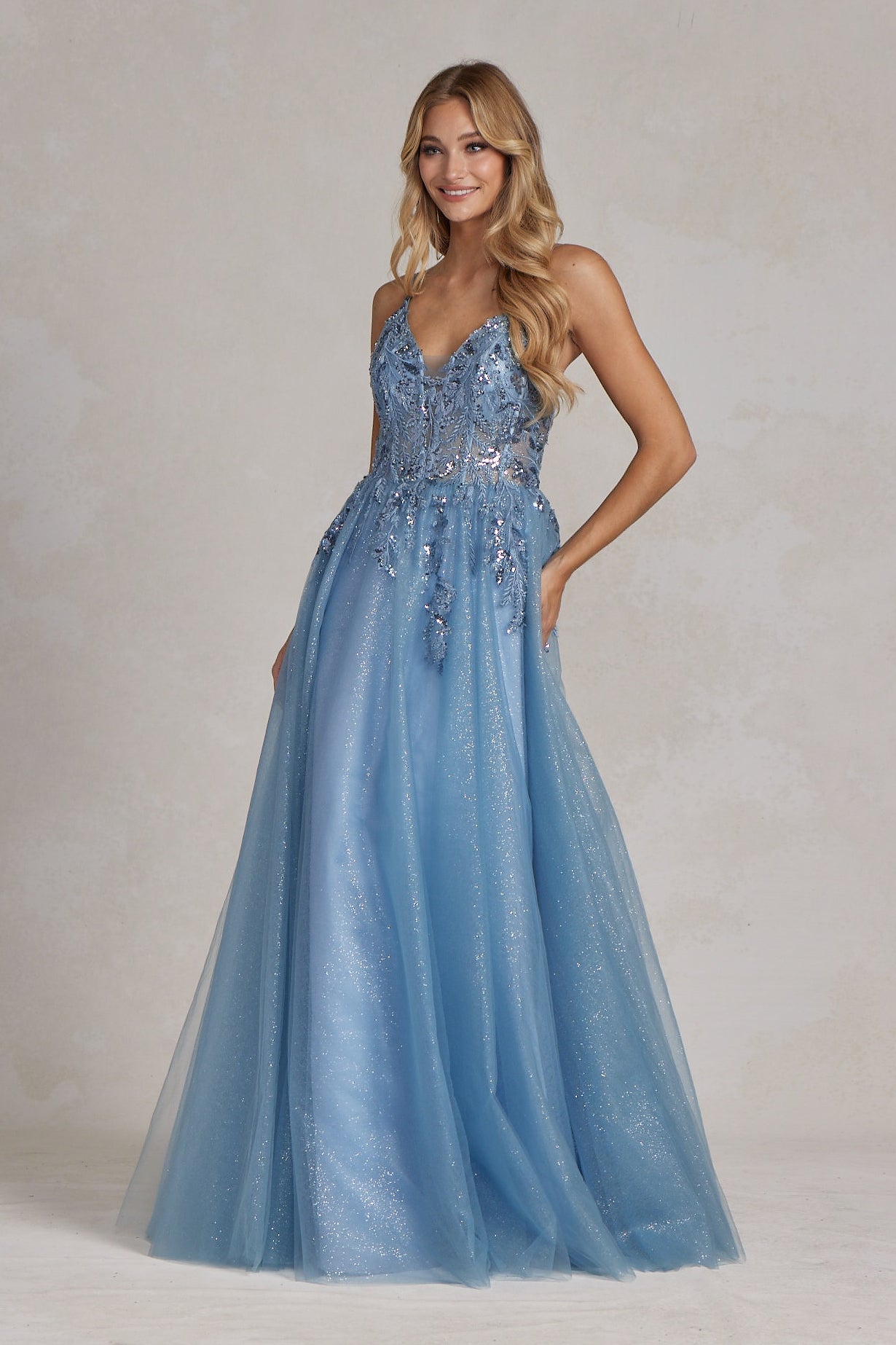 Dusty Blue Glitter Tulle Ball Gown with Floral Appliqué – Elegant A-Line Prom Dress NXE1125