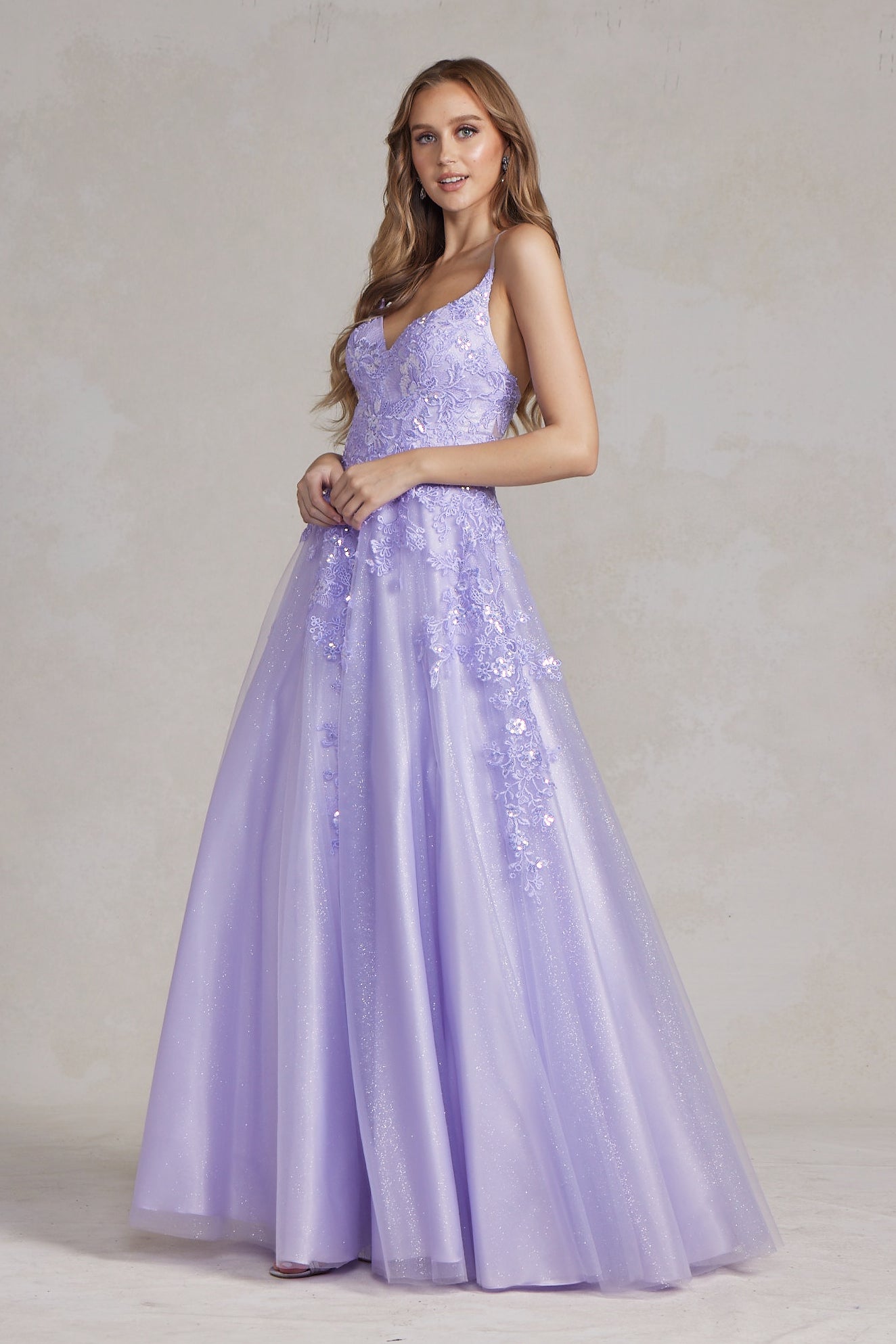 A-Line Embroidered Lace Open Criss Cross Back Long Prom Dress NXE1178