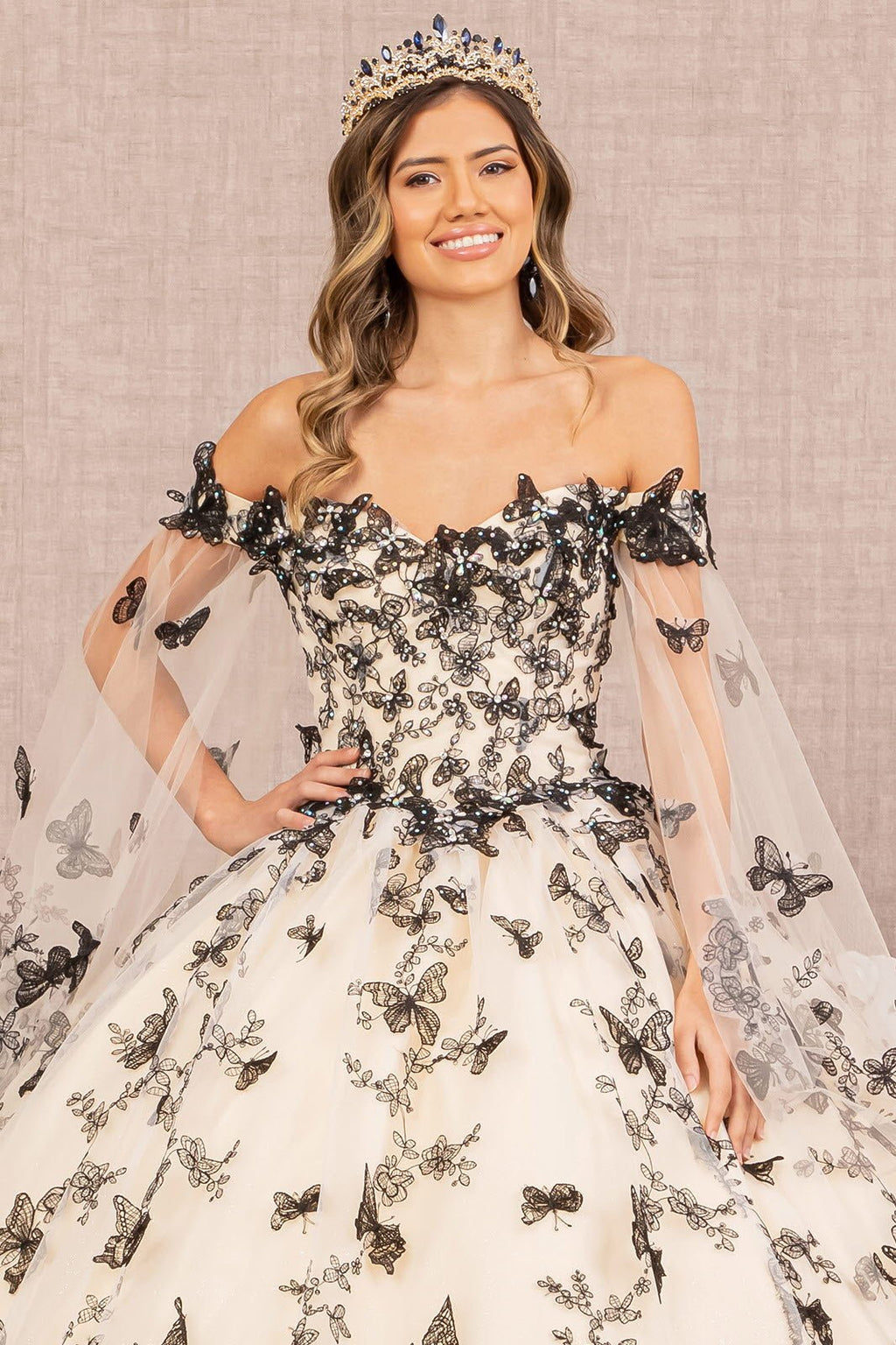 3D Butterfly Applique w/ Detachable Side Mesh Layer Quinceanera Dress GLGL3167 - PrimePick