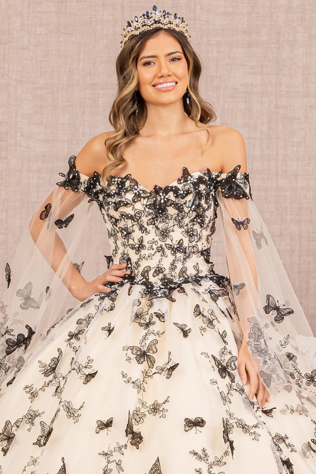 3D Butterfly Applique w/ Detachable Side Mesh Layer Quinceanera Dress GLGL3167 - PrimePick