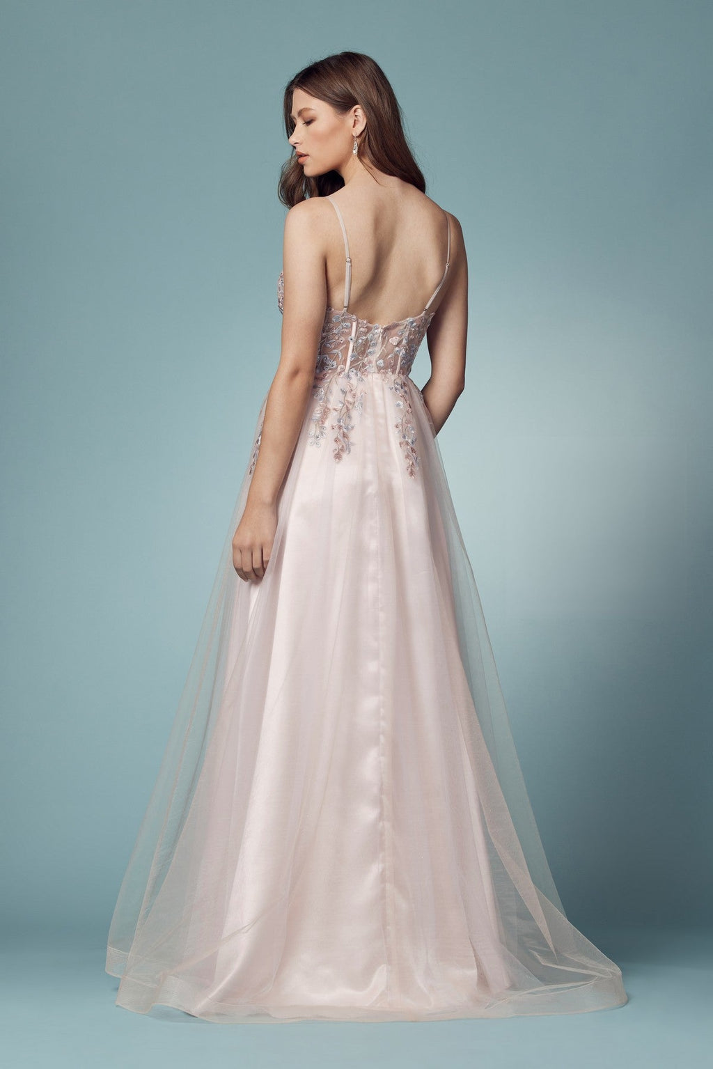 Blush Pink A-Line Gown with Floral Embroidered Bodice and High Slit NXS1015