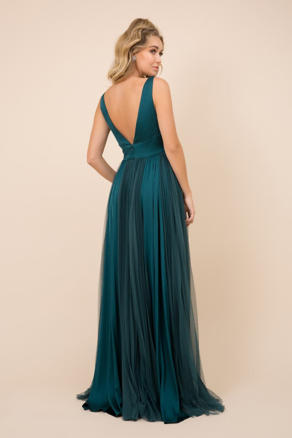 Sleeveless Pleated Open V-Back Long Bridesmaid Dress NXL340