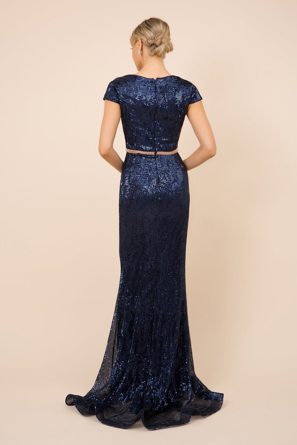 Short Sleeves Mermaid Embellished Sequin Close Back Long Evening Dress