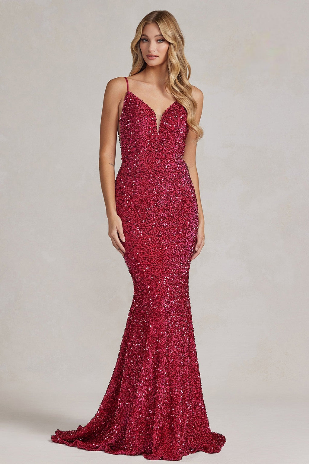 Mermaid Embroidered Sequins Sleeveless Open V-Back Long Evening Dress NXR1071