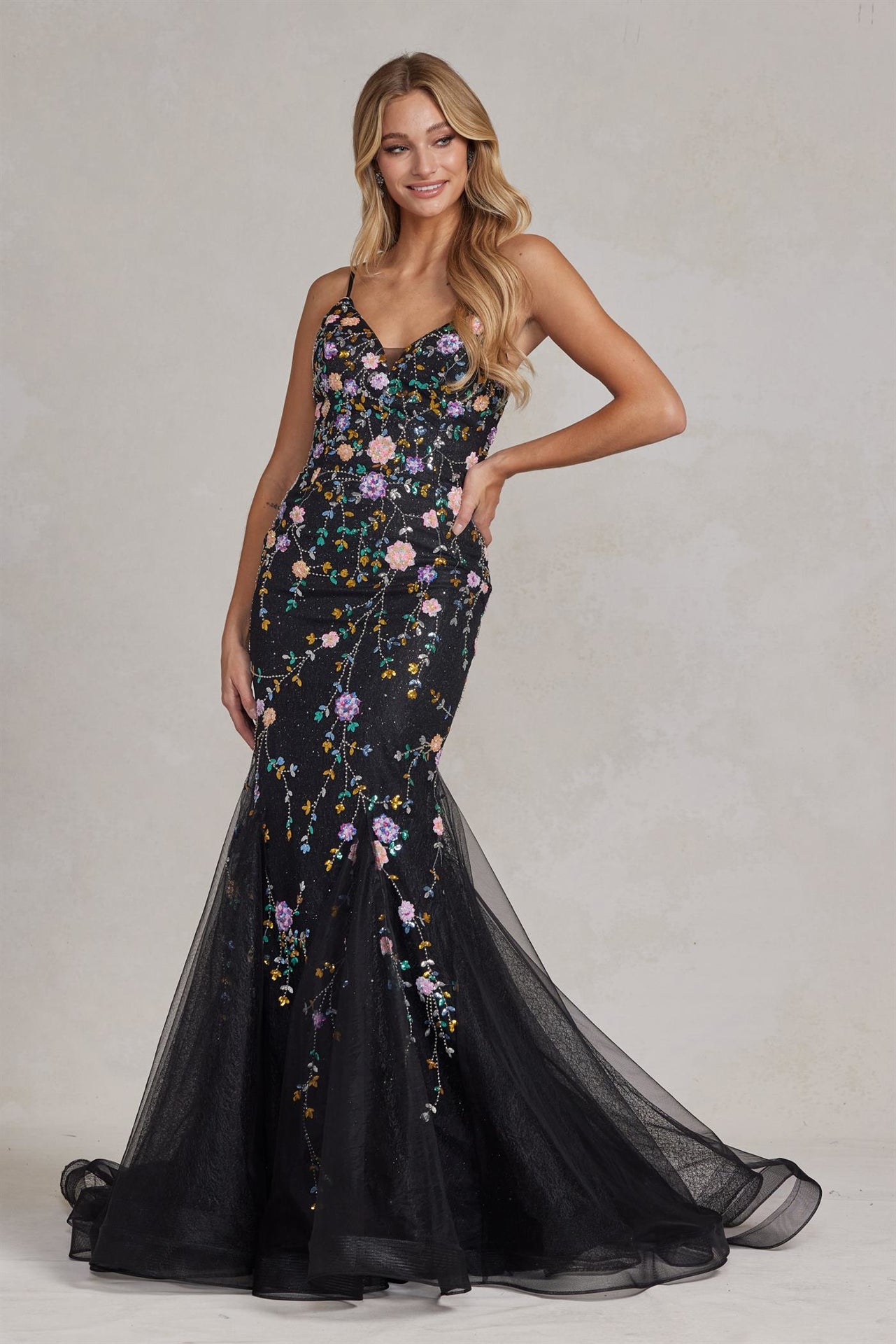 Mermaid Open Criss Cross Back Embroidered Flower Lace Long Prom Dress NXC1117