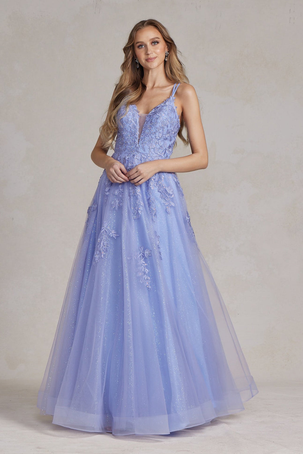 Illusion V-Neck Embroidered Lace Straps Open Back Long Prom Dress NXT1136