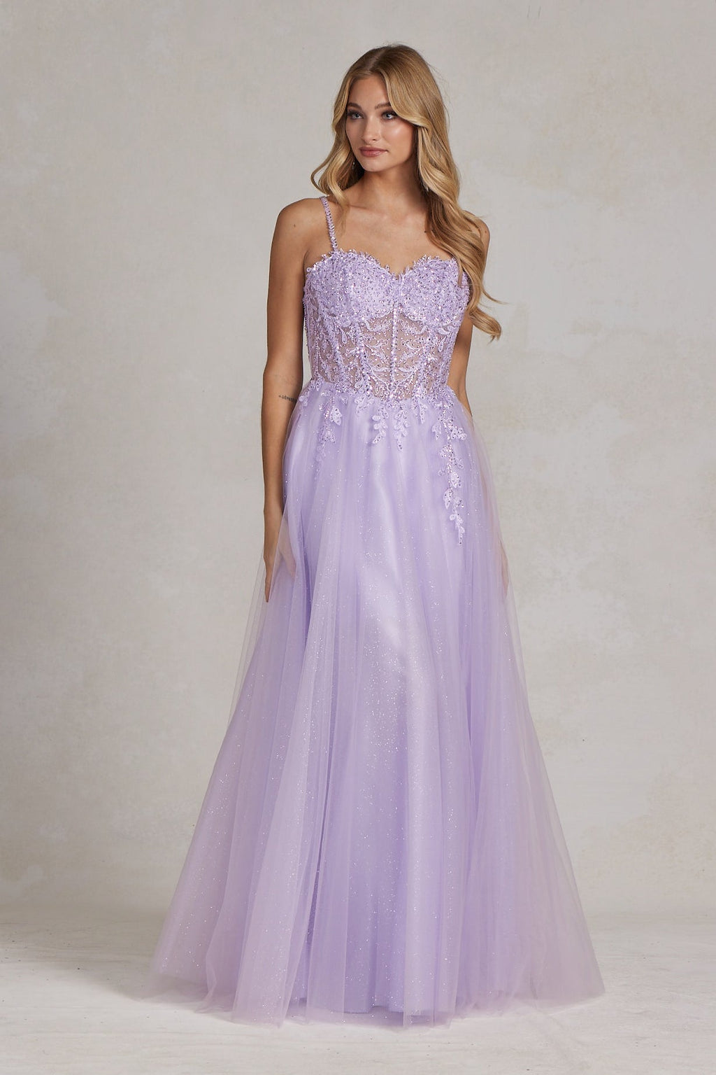 Lavender Glitter Tulle A-Line Gown with Sheer Corset Bodice & Floral Appliqué – Prom or Formal DressNXF1087