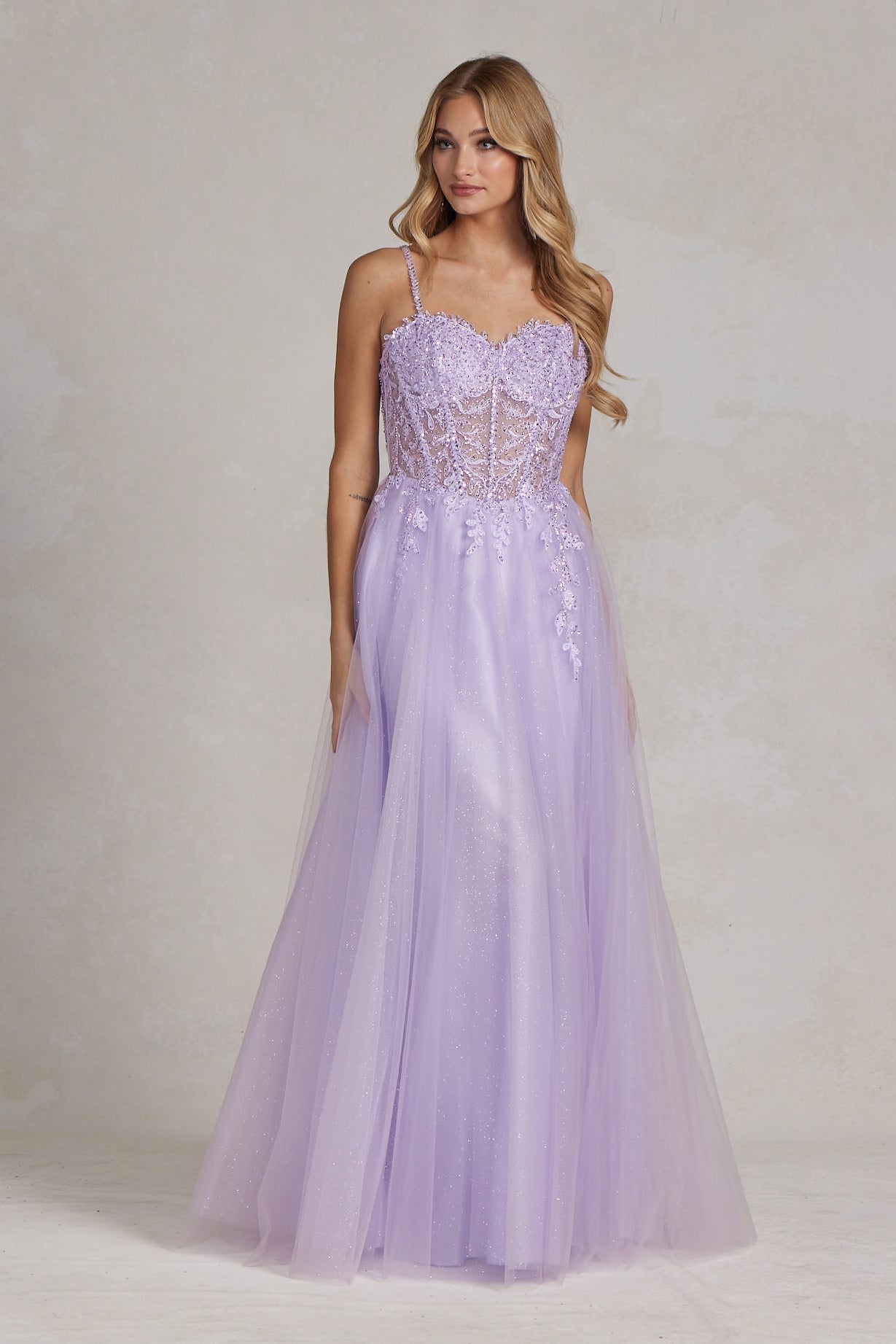 Lavender Glitter Tulle A-Line Gown with Sheer Corset Bodice & Floral Appliqué – Prom or Formal DressNXF1087