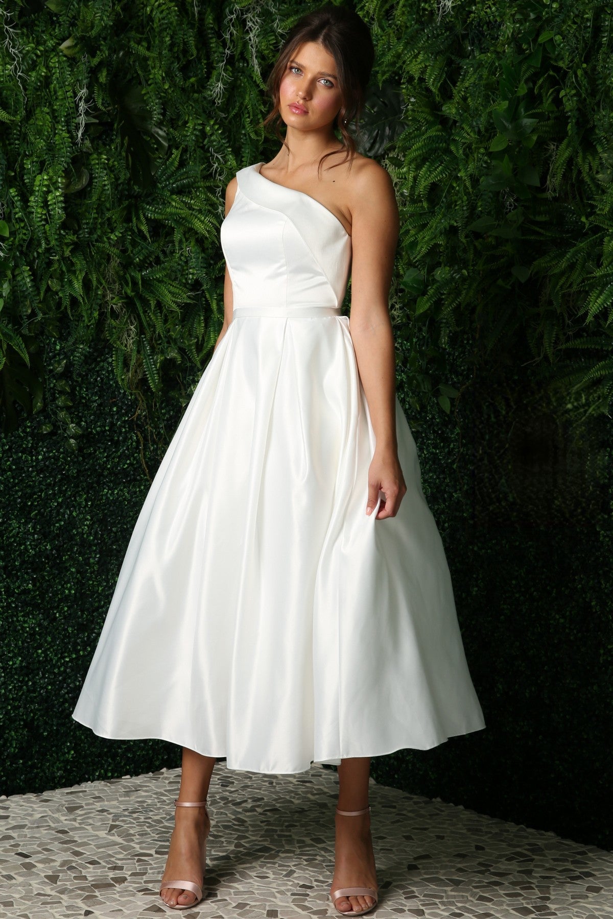 One Shoulder Satin Open Back Midi Evening & Prom Dress NXJE931