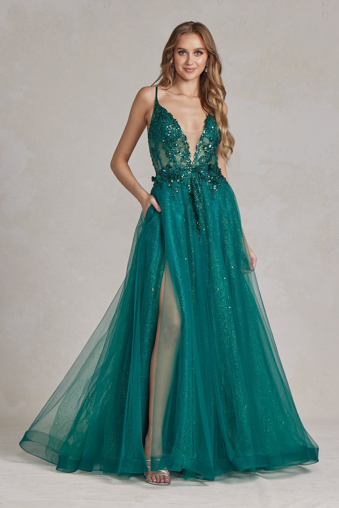 Emerald Green Glitter Tulle Gown with Deep V-Neck and Floral Appliqués – A-Line Prom Dress with Slit  NXC1113