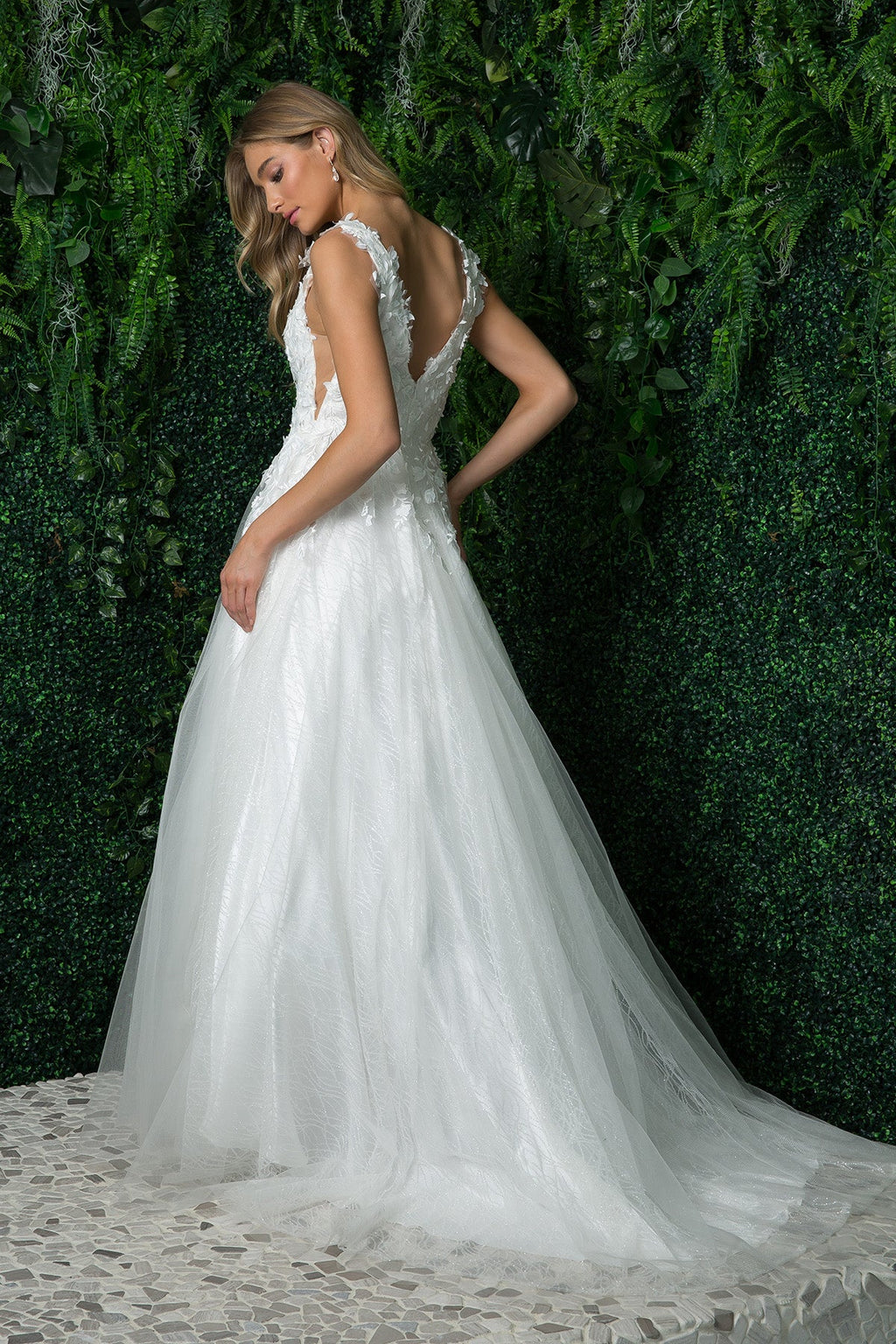 Deep V-Neck Open V-Back Long Wedding Dress NXJR930