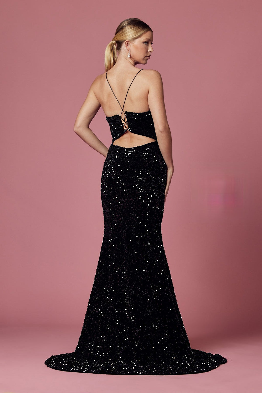 Black Sequin V-Neck Gown with Slit – Elegant Formal Evening Dress NXR433
