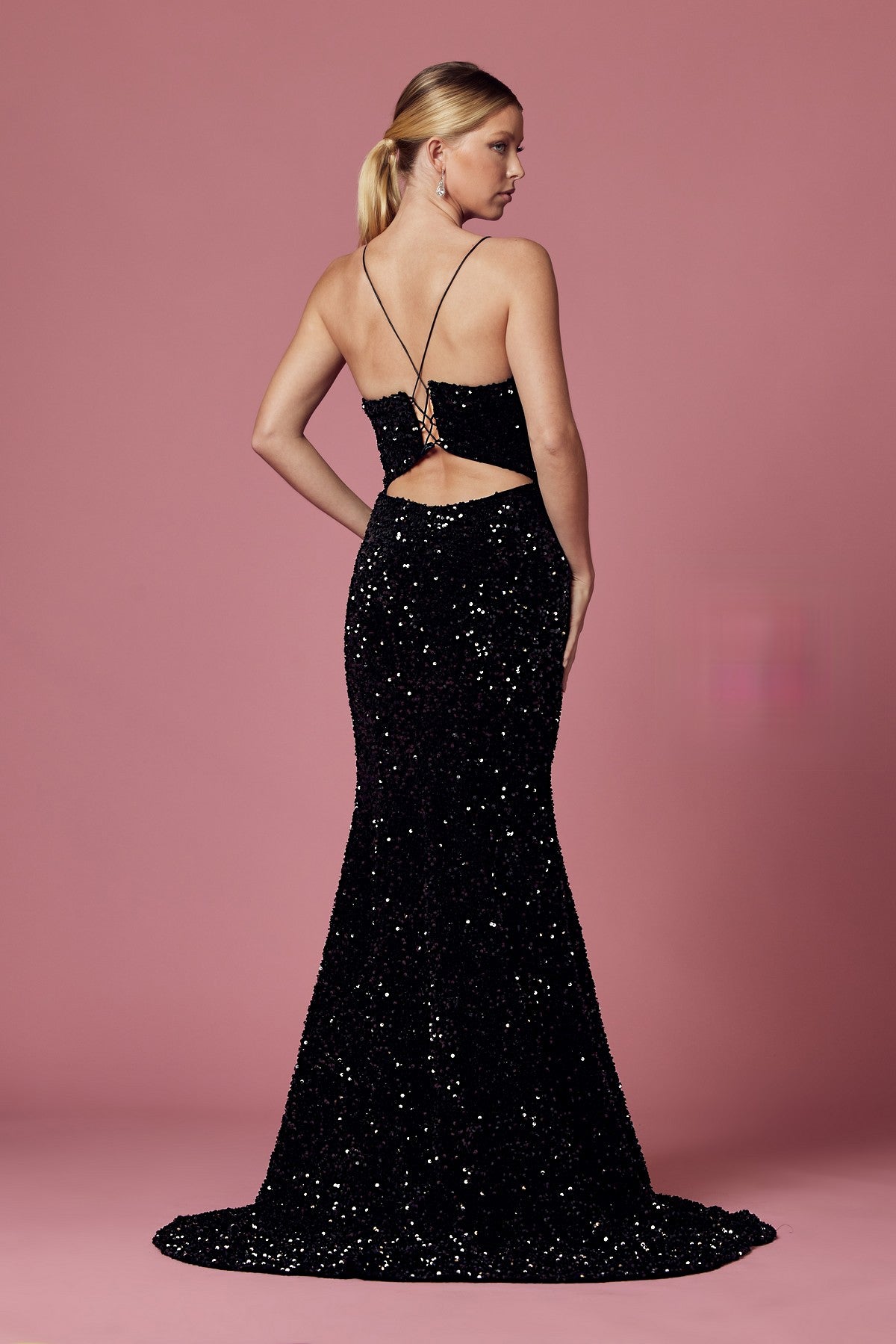 Black Sequin V-Neck Gown with Slit – Elegant Formal Evening Dress NXR433