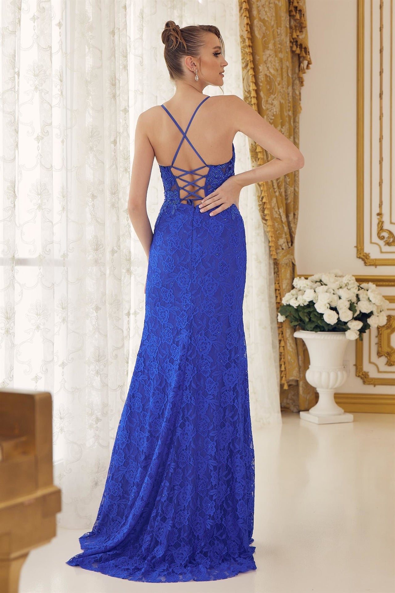 Royal Blue Sequin Lace Fitted Gown with Illusion Mesh Bodice – Elegant Formal Dress NXE1076