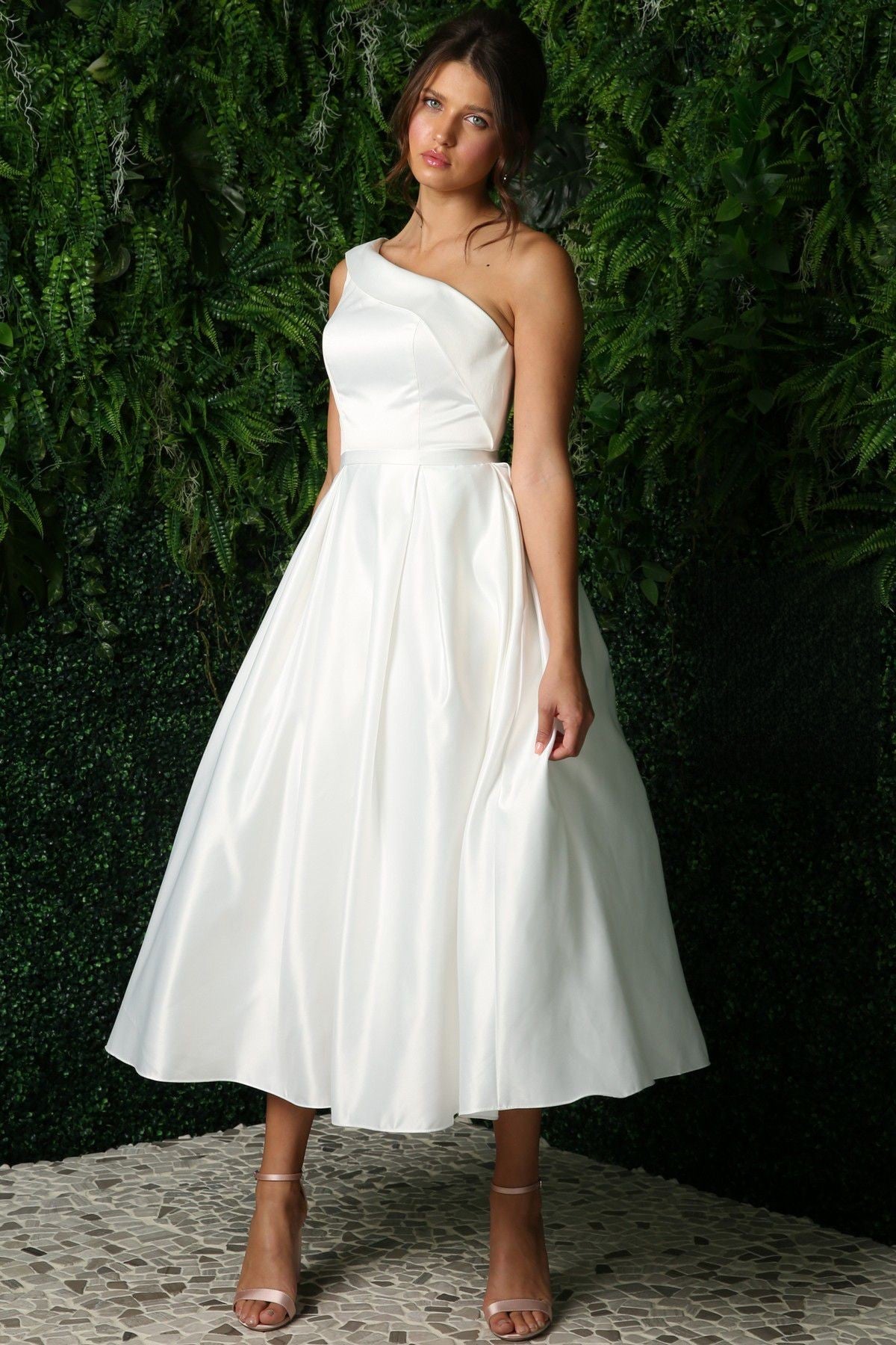 Open Back Strap Satin One Shoulder Midi Wedding Dress NXJE931W
