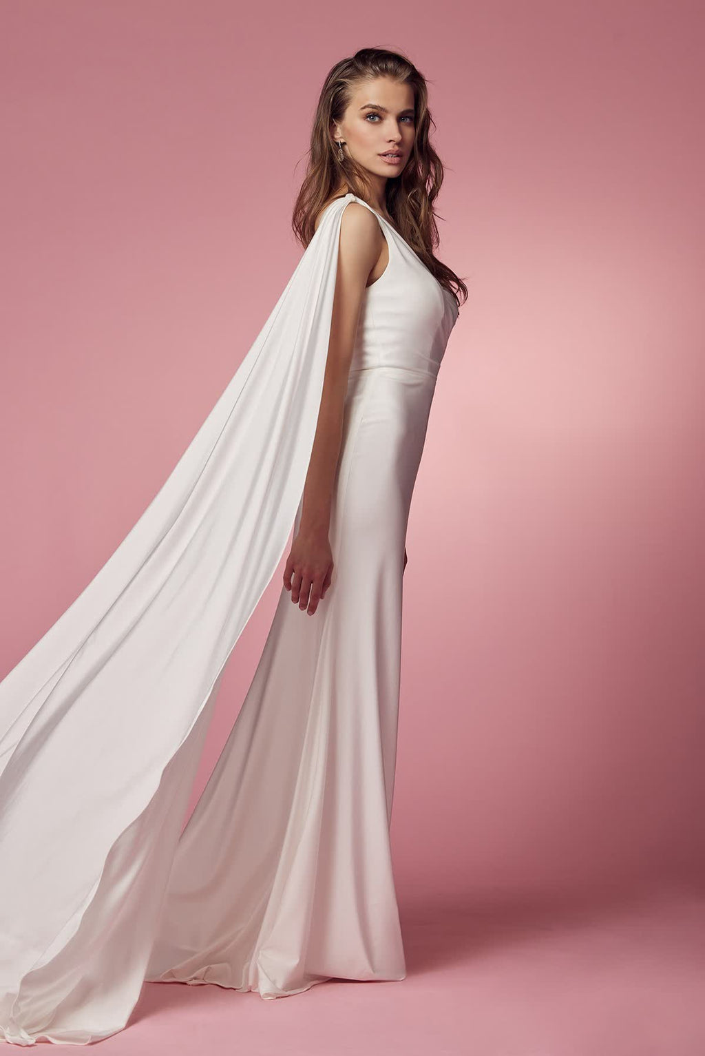 White Strapless Cape Evening Gown – Modern Fitted Formal Dress NXE475W
