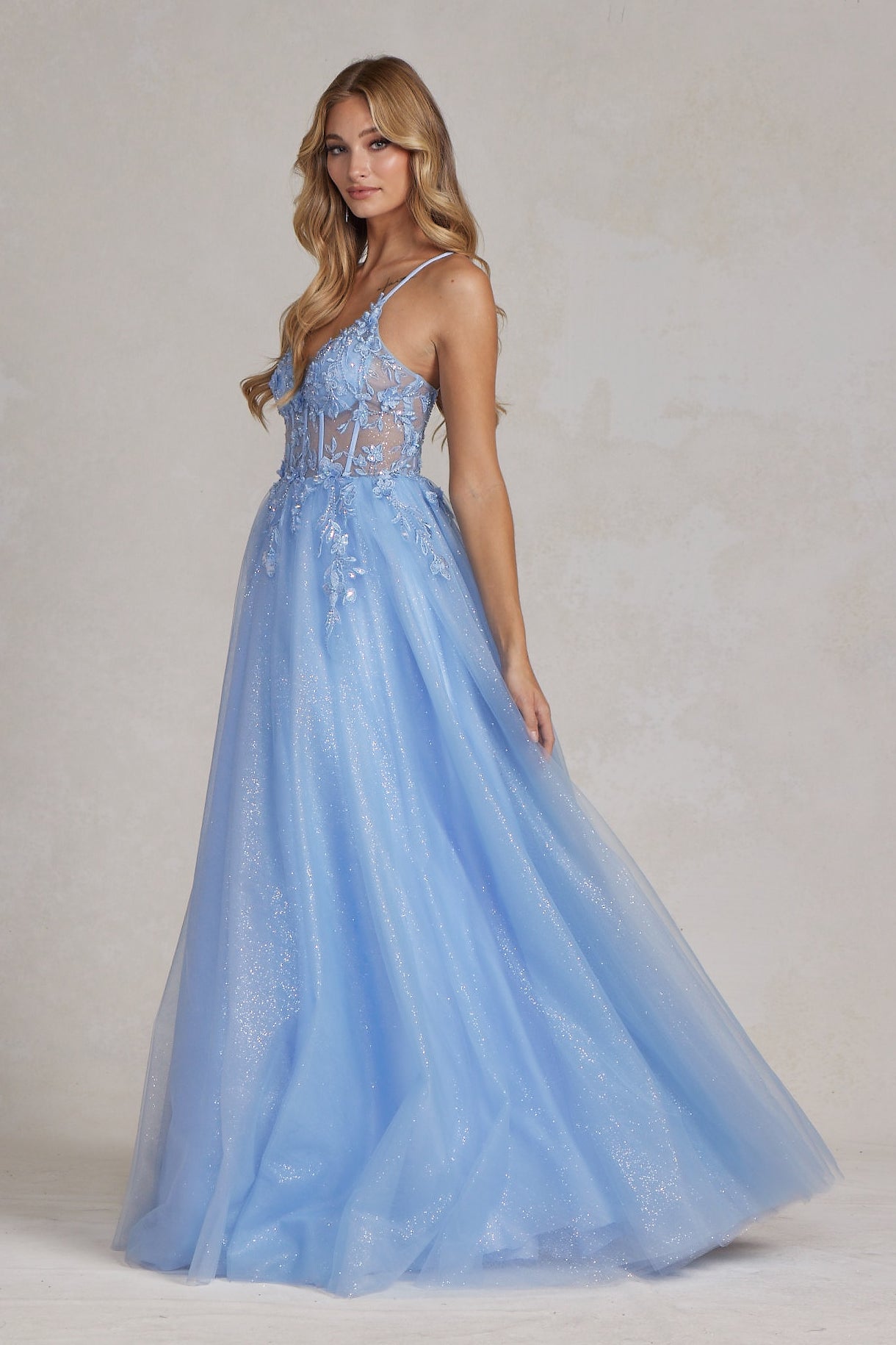 Light Blue Glitter Tulle A-Line Gown with Floral Lace Appliqué – Sheer Corset Prom Dress NXT1083