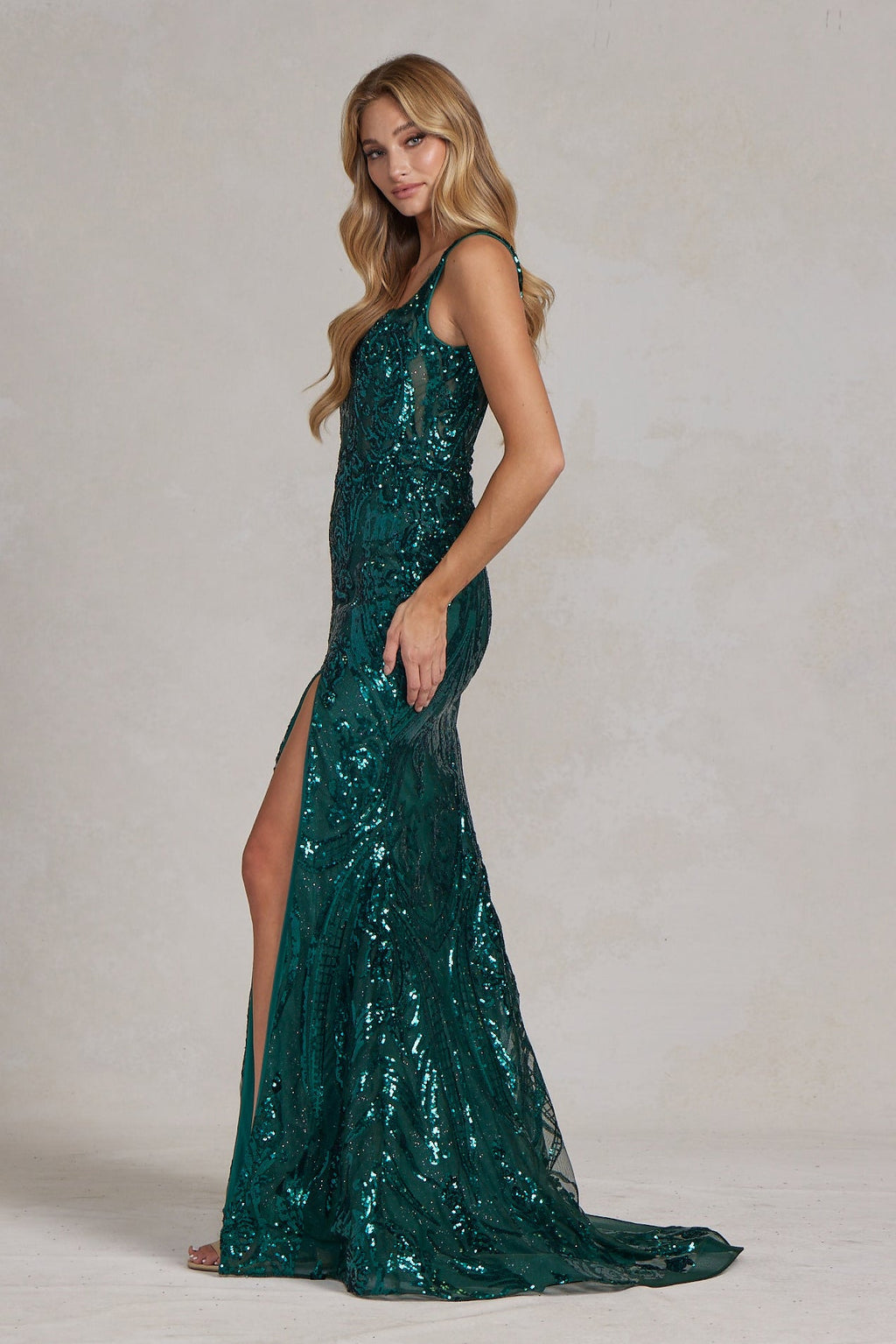 Embroidered Sequins Square Neck Side Slit Long Prom Dress NXC1103