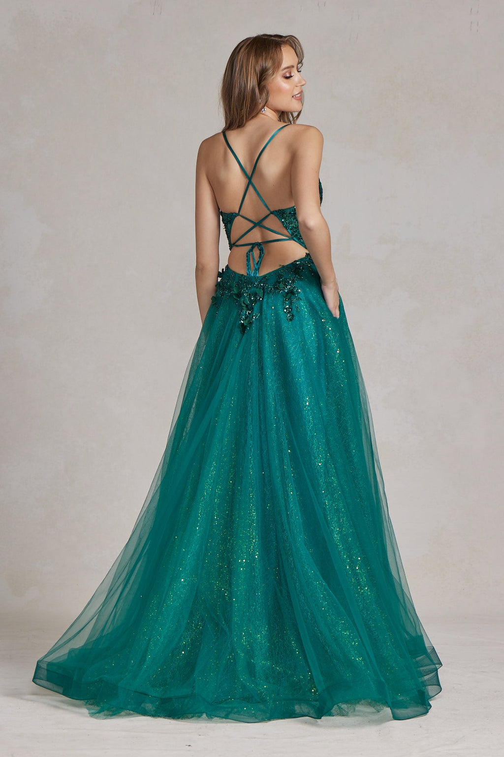Emerald Green Glitter Tulle Gown with Deep V-Neck and Floral Appliqués – A-Line Prom Dress with Slit  NXC1113