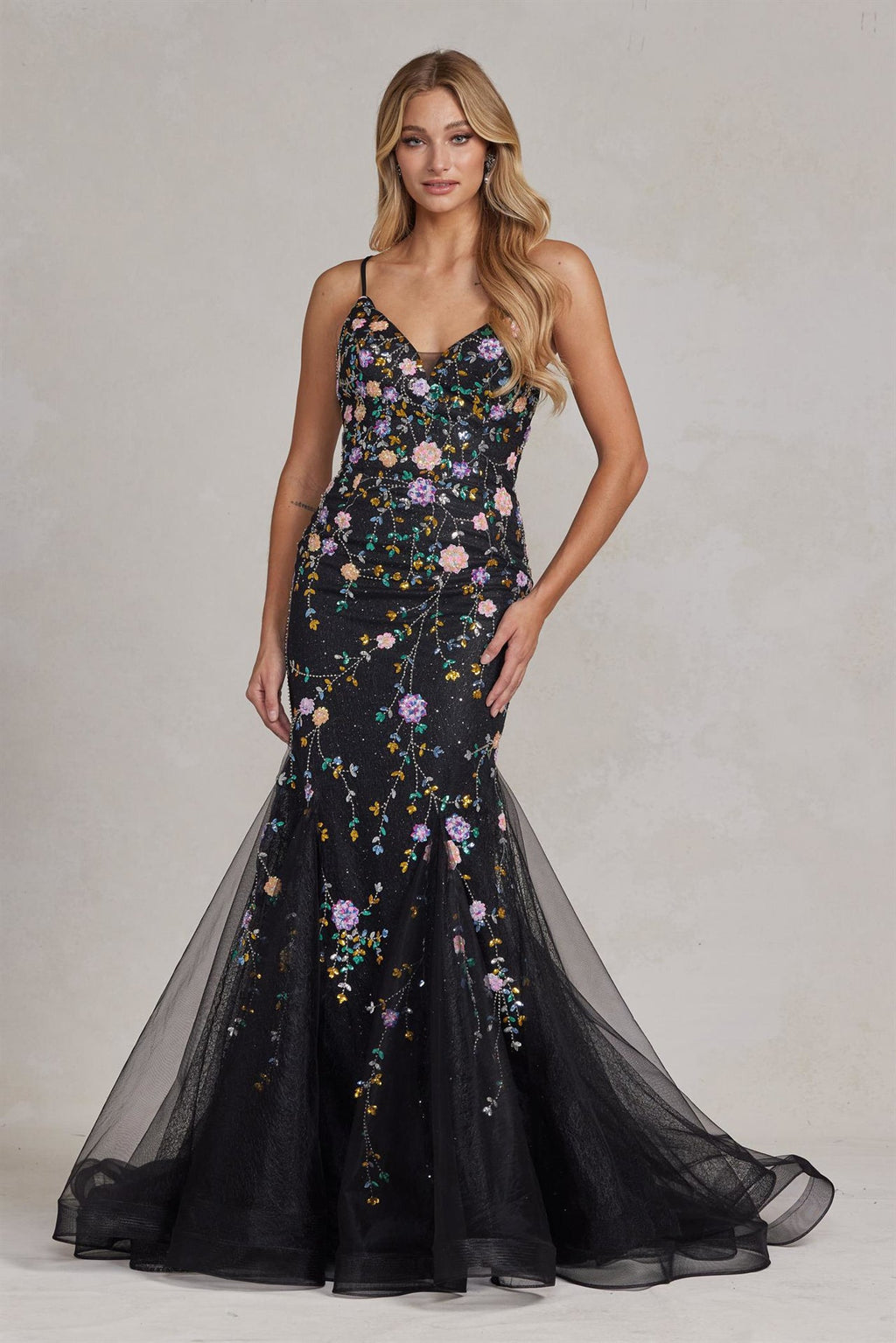 Mermaid Open Criss Cross Back Embroidered Flower Lace Long Prom Dress NXC1117