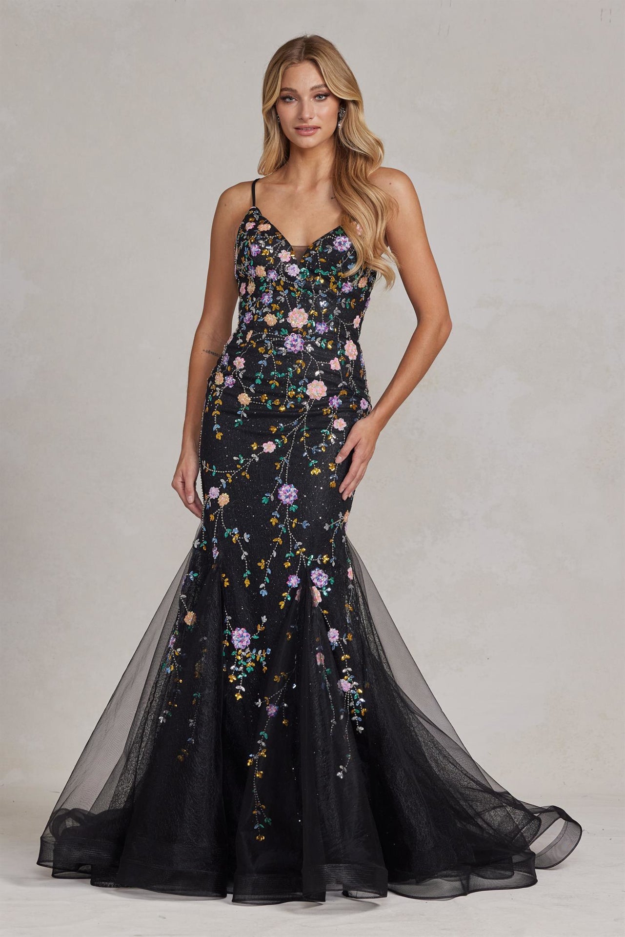 Mermaid Open Criss Cross Back Embroidered Flower Lace Long Prom Dress NXC1117