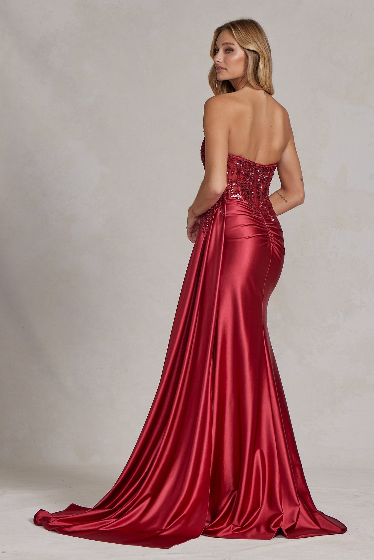 Satin Skirt Side Slit Embroidered Bodice Strapless Long Evening Dress NXE1174