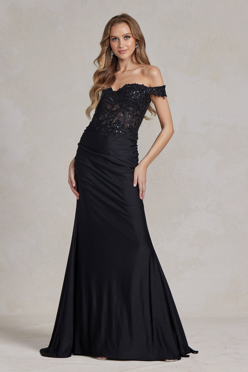 Elegant Off-Shoulder Lace Evening Gown – Available in Red & Black NXE1184