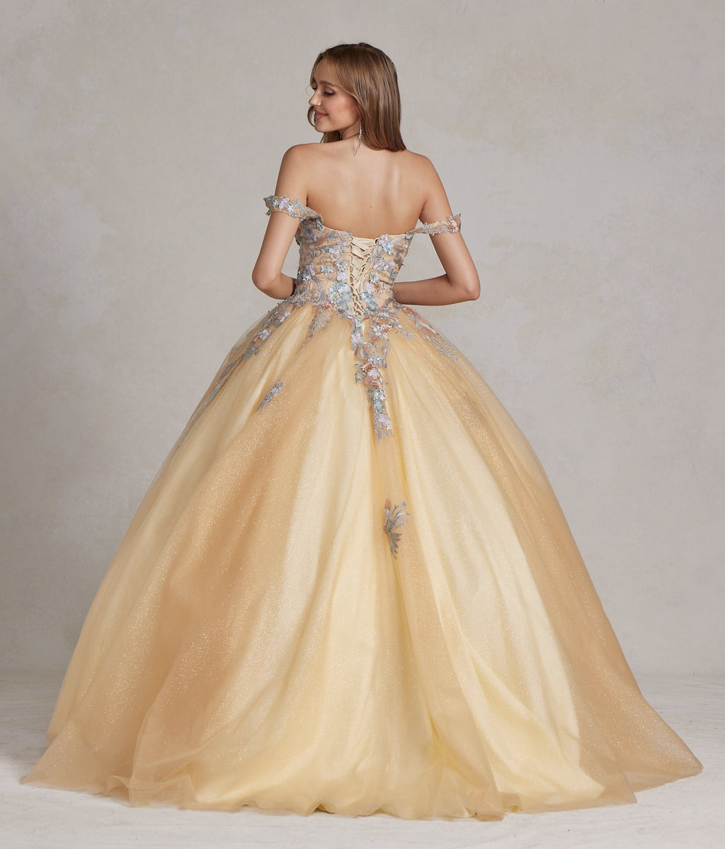 Off Shoulder Embroidered Lace Bodice Long Quinceanera Dress NXJU809