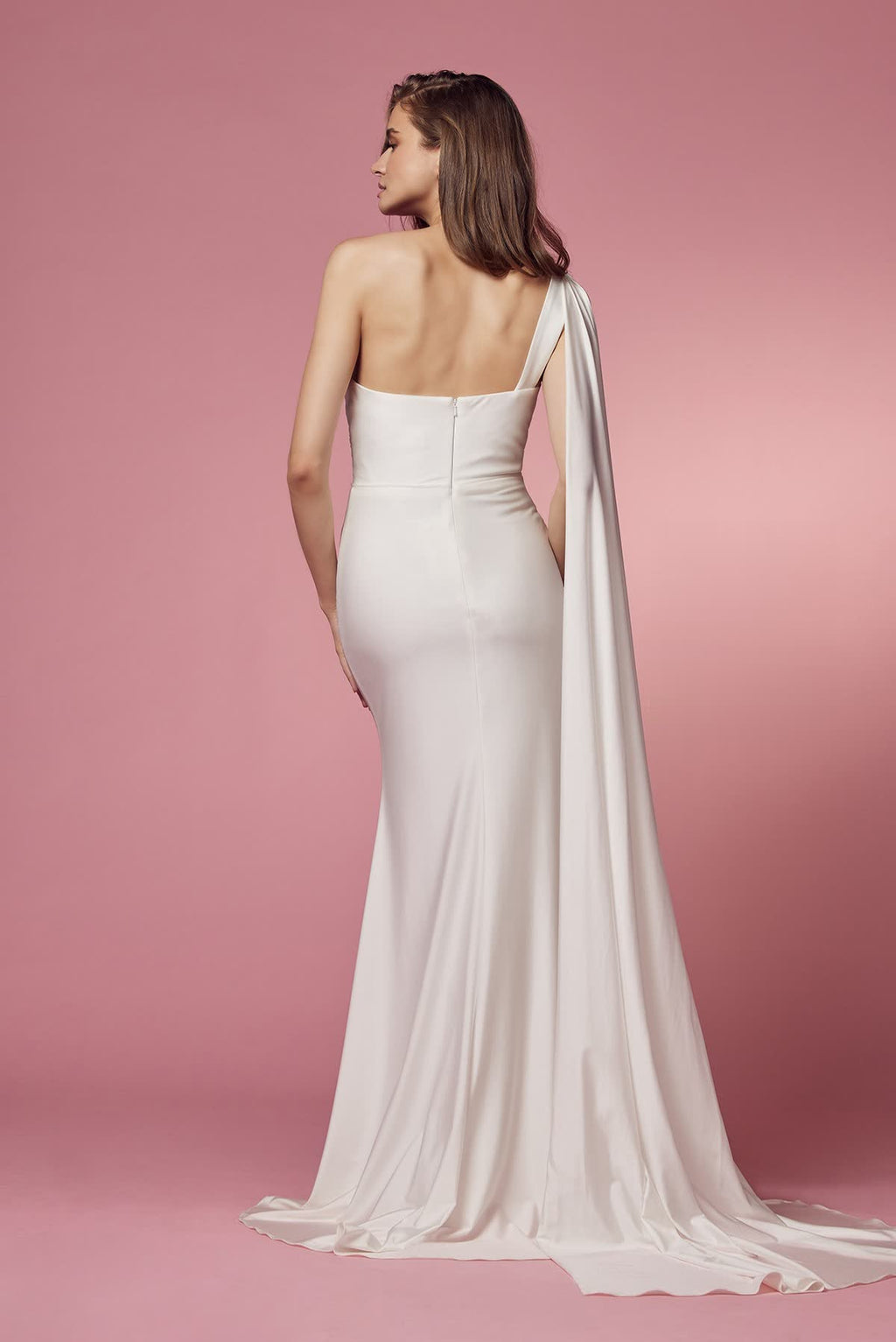 White Strapless Cape Evening Gown – Modern Fitted Formal Dress NXE475W