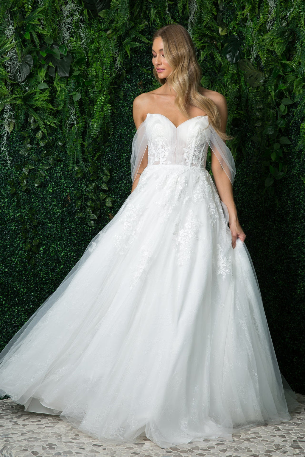 Off Shoulder A-Line Tulle Embroidered Lace Long Wedding Dress NXJE946