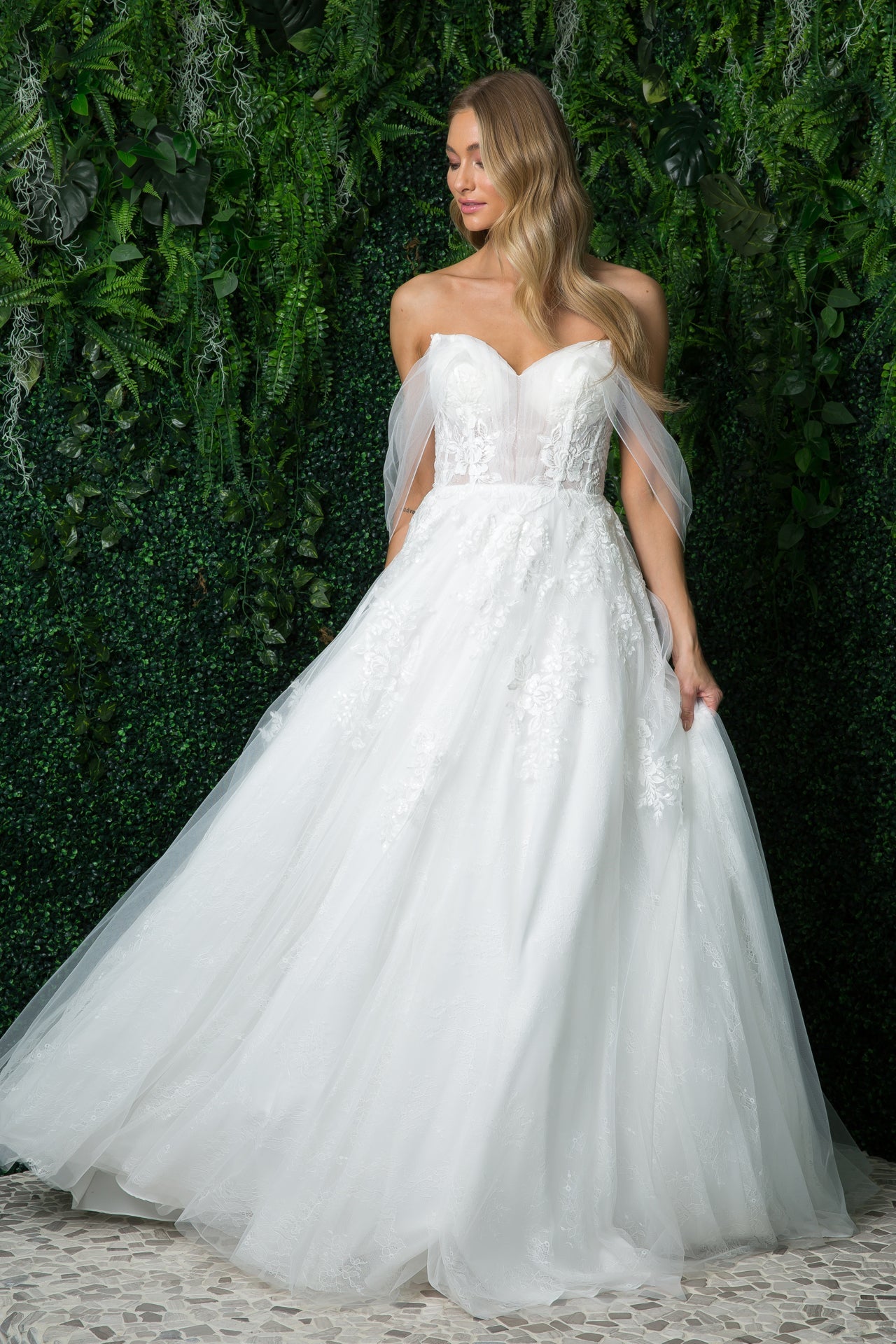 Off Shoulder A-Line Tulle Embroidered Lace Long Wedding Dress NXJE946