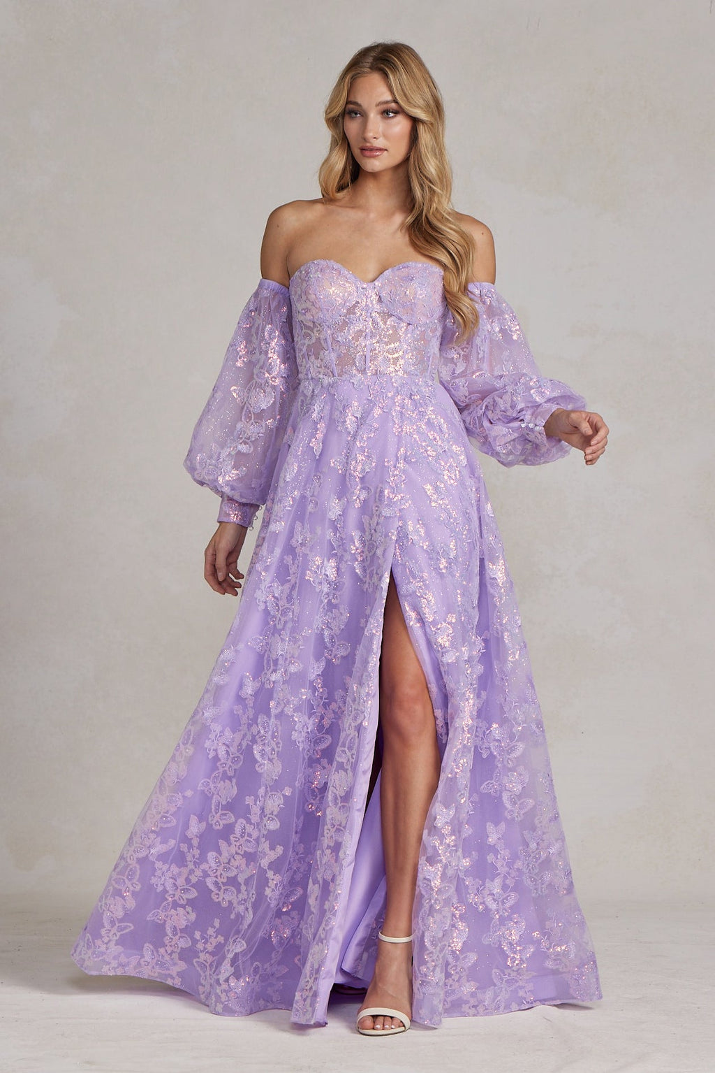 Off Shoulder Sweetheart Sheer Bodice Side Slit Open Back Long Prom Dress NXK1155