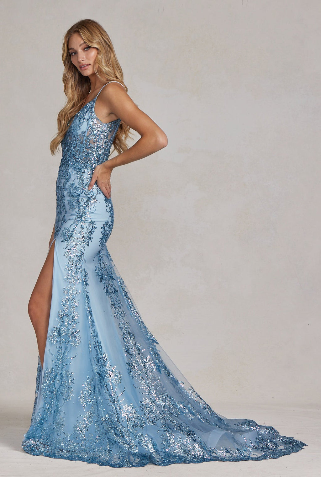 Embellished V-Neck Lace Evening Gown with Slit – Available in Fuchsia & Light Blue NXC1197