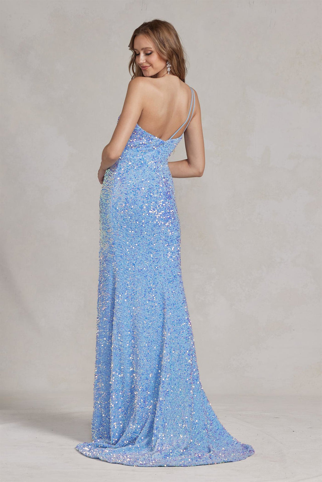 Side Slit One Shoulder Embroidered Sequins Open Back Long Evening Dress NXR1202