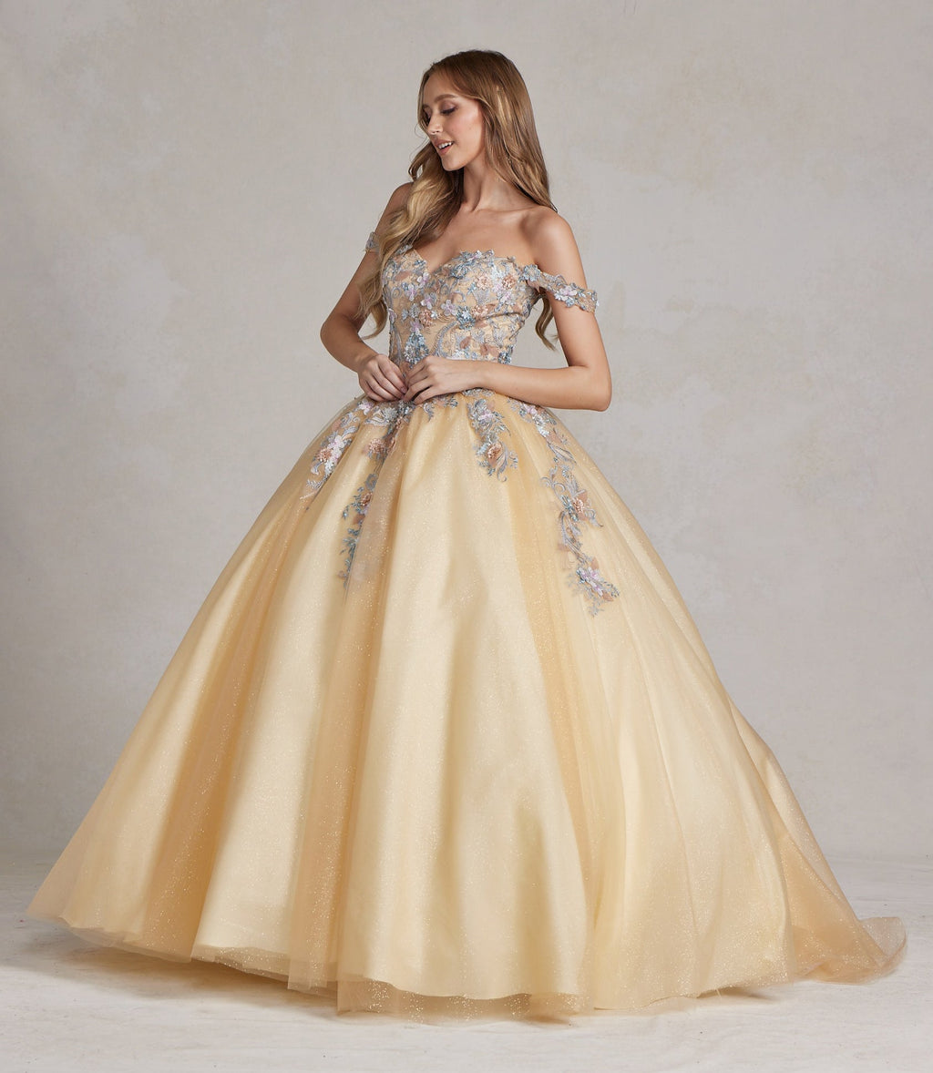 Off Shoulder Embroidered Lace Bodice Long Quinceanera Dress NXJU809