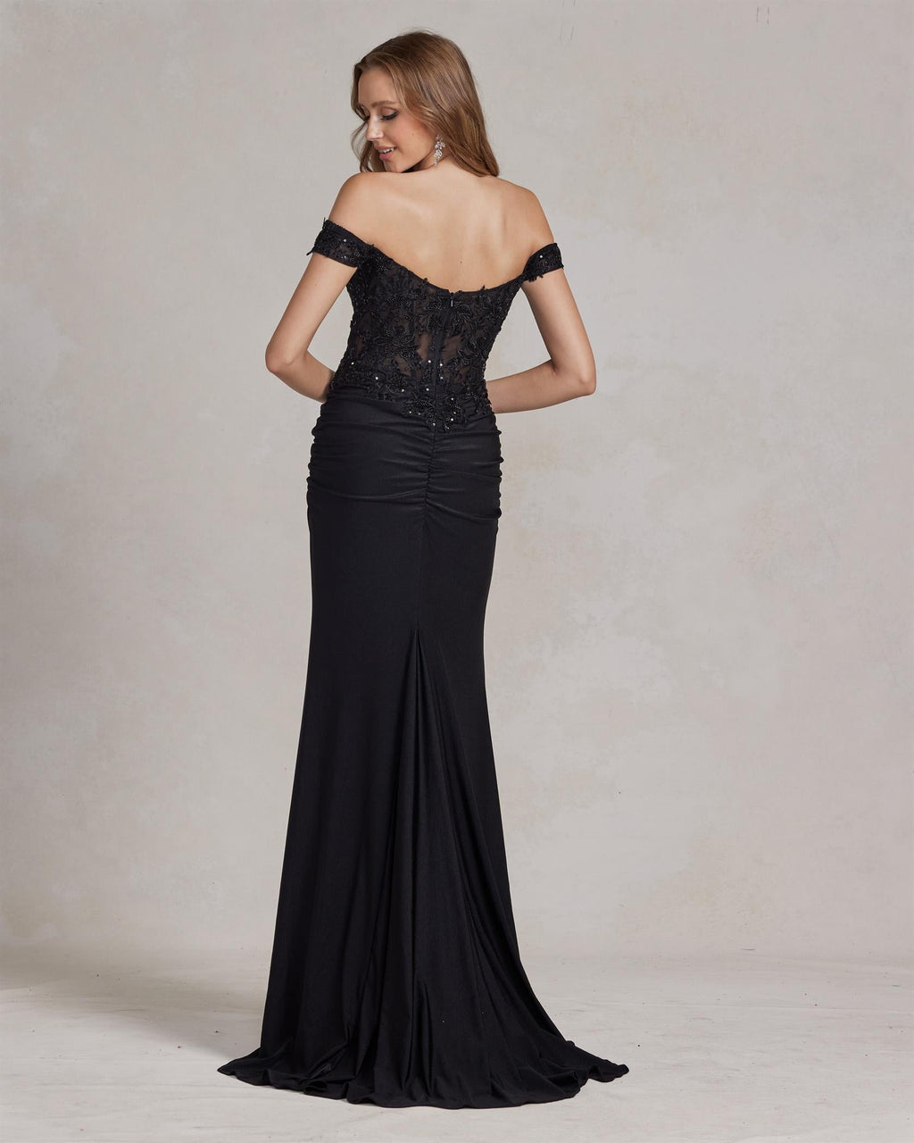 Elegant Off-Shoulder Lace Evening Gown – Available in Red & Black NXE1184
