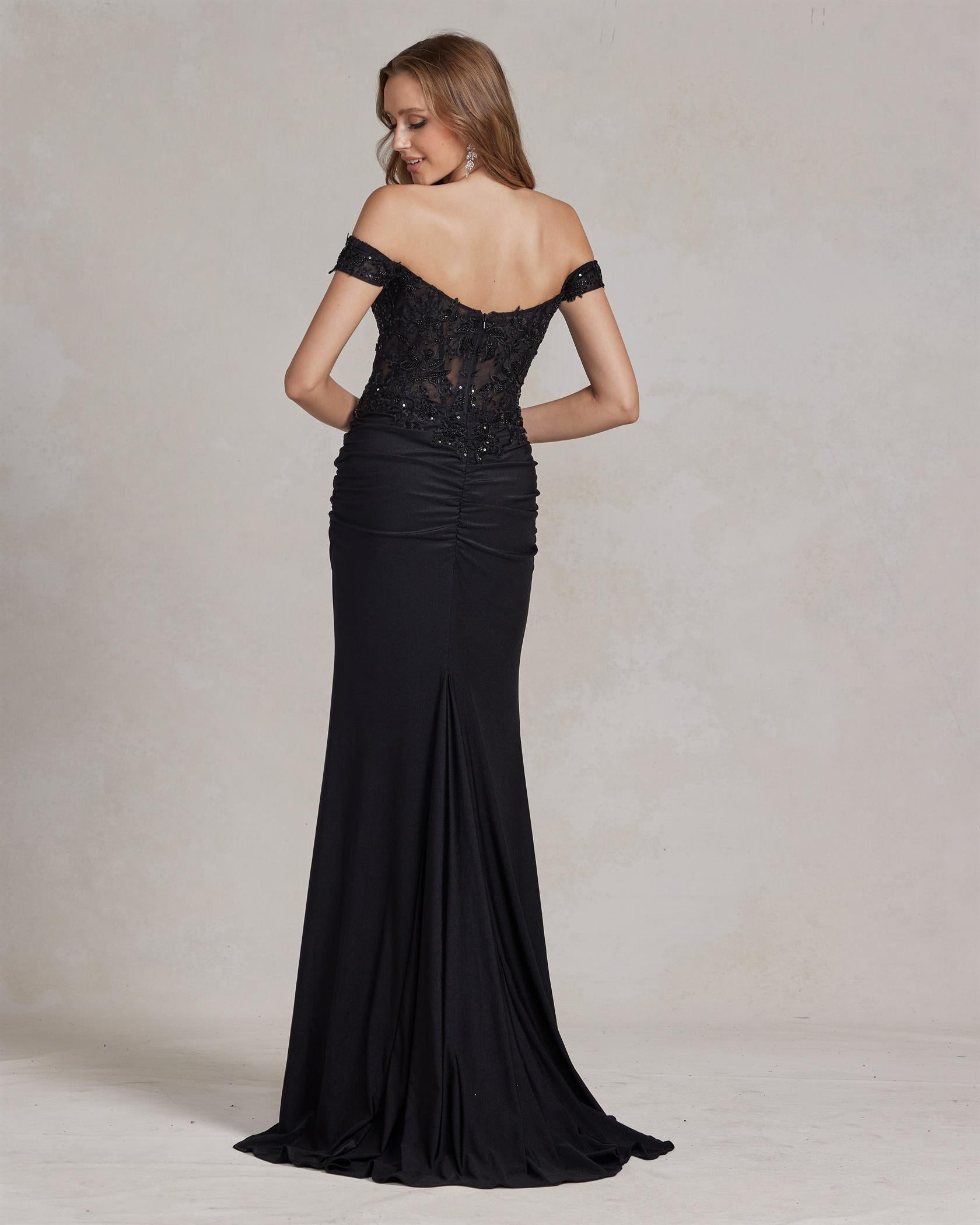 Elegant Off-Shoulder Lace Evening Gown – Available in Red & Black NXE1184