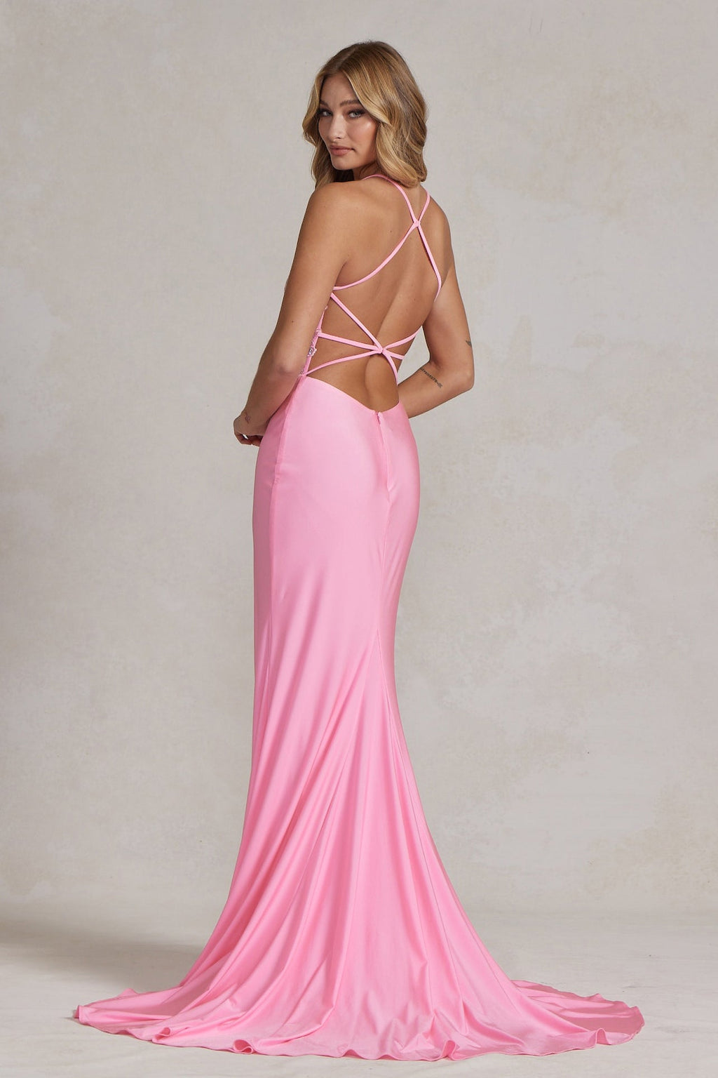 Embellished Lace Bodice Satin Gown with High Slit – Available in Pink & Royal Blue NXG1150