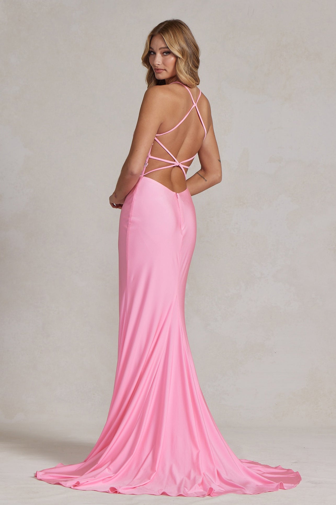 Embellished Lace Bodice Satin Gown with High Slit – Available in Pink & Royal Blue NXG1150
