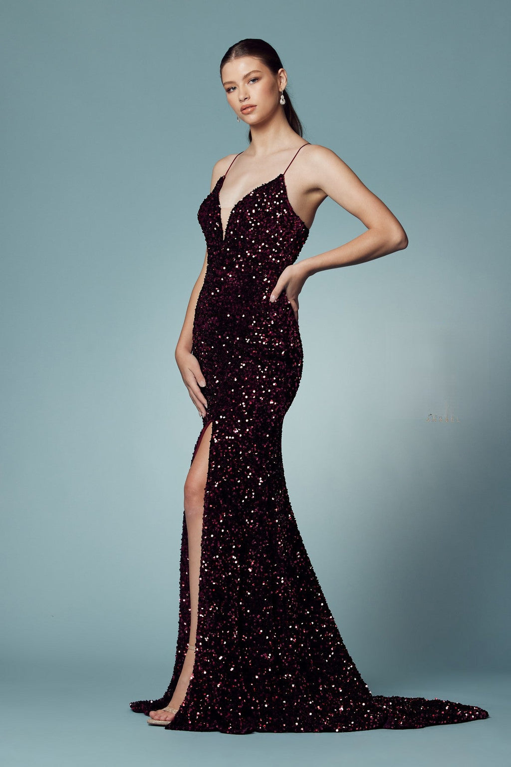 Black Sequin V-Neck Gown with Slit – Elegant Formal Evening Dress NXR433