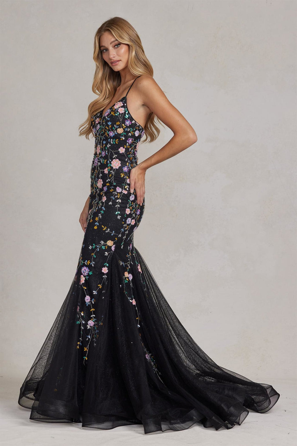 Mermaid Open Criss Cross Back Embroidered Flower Lace Long Prom Dress NXC1117