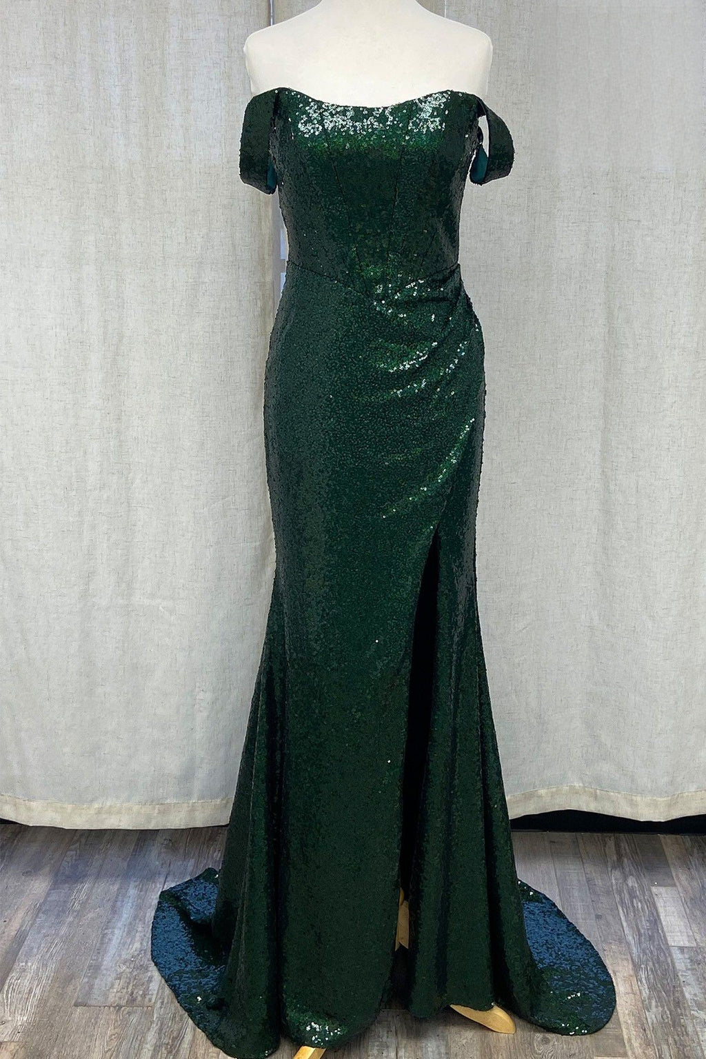 Off Shoulder Embroidered Sequins Open Back Long Prom Dress NXR1203