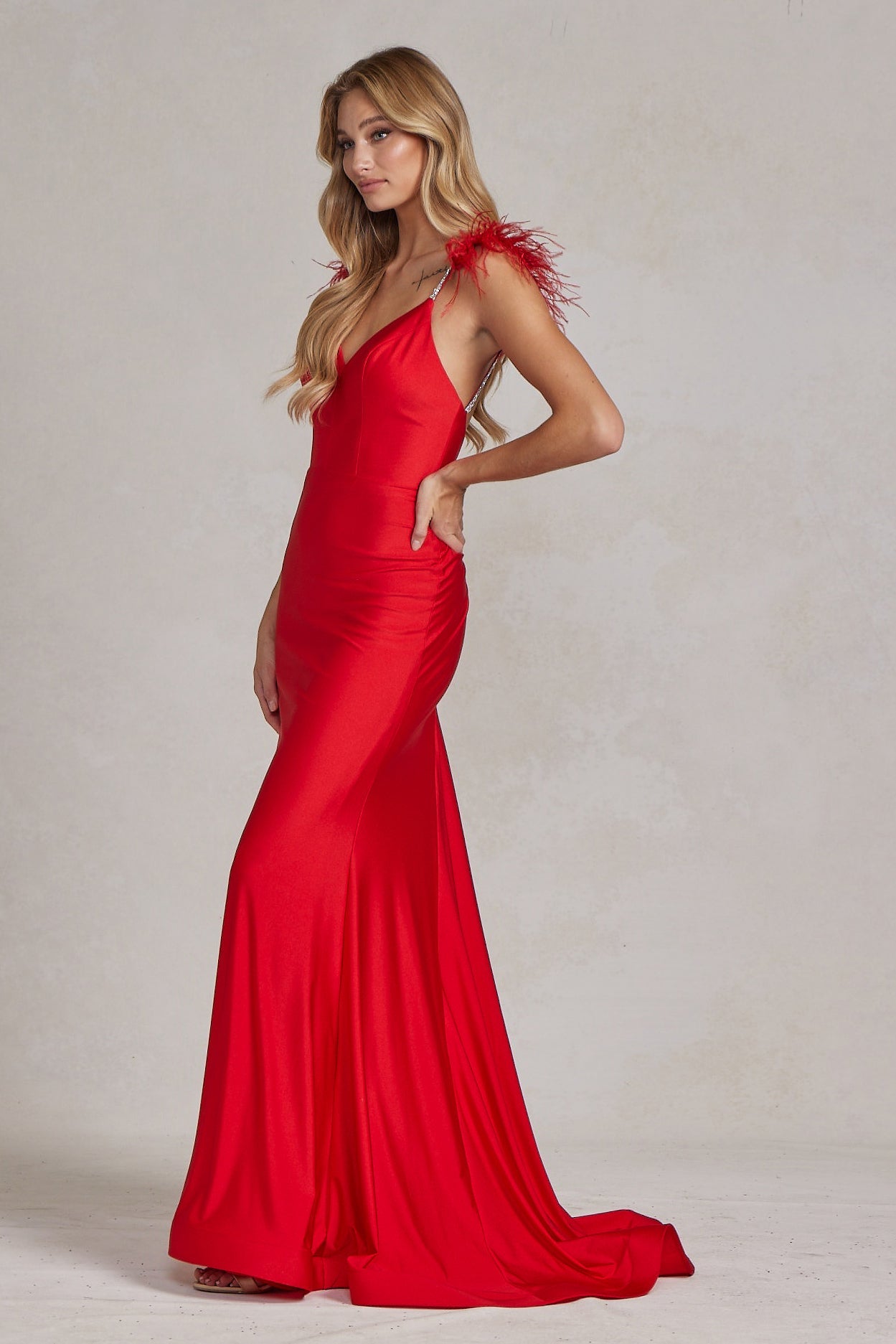 Mermaid Satin Embellished Feather Open Back Long Prom Dress NXT1138