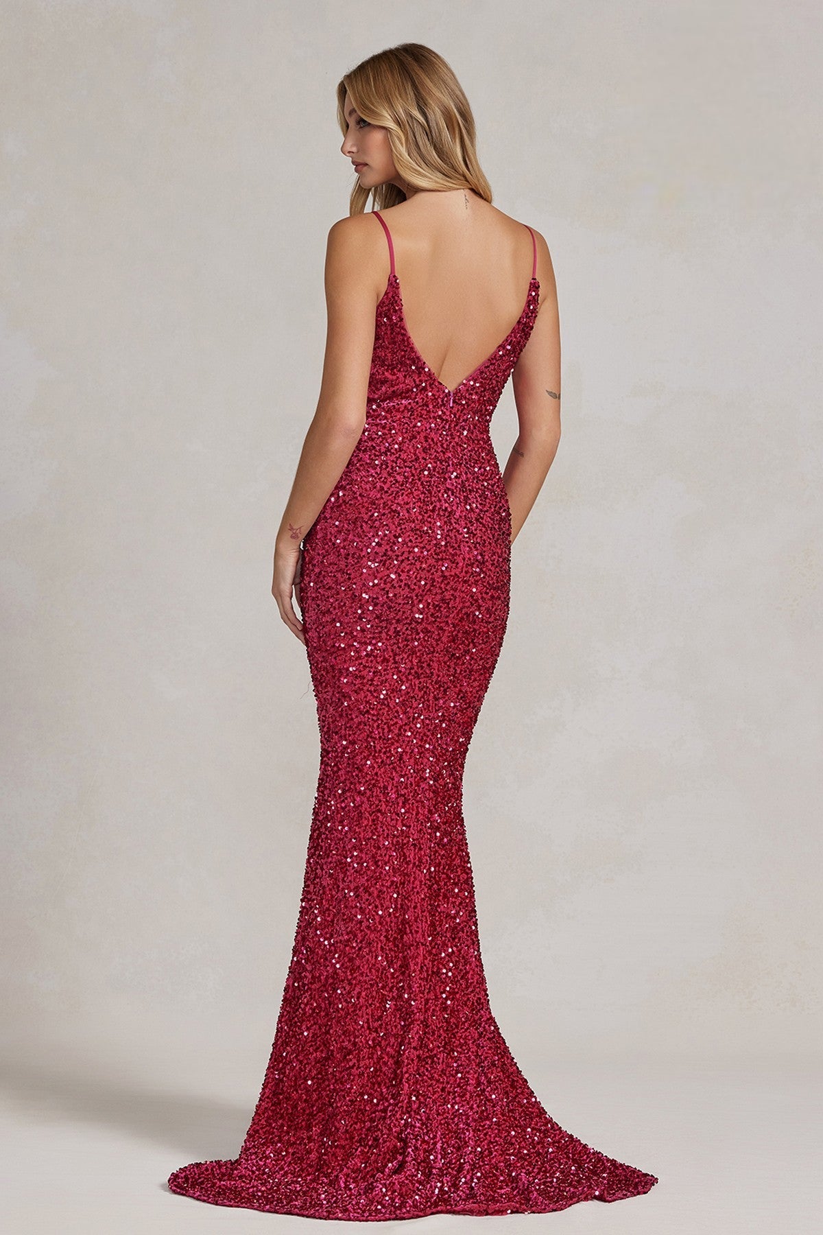 Mermaid Embroidered Sequins Sleeveless Open V-Back Long Evening Dress NXR1071