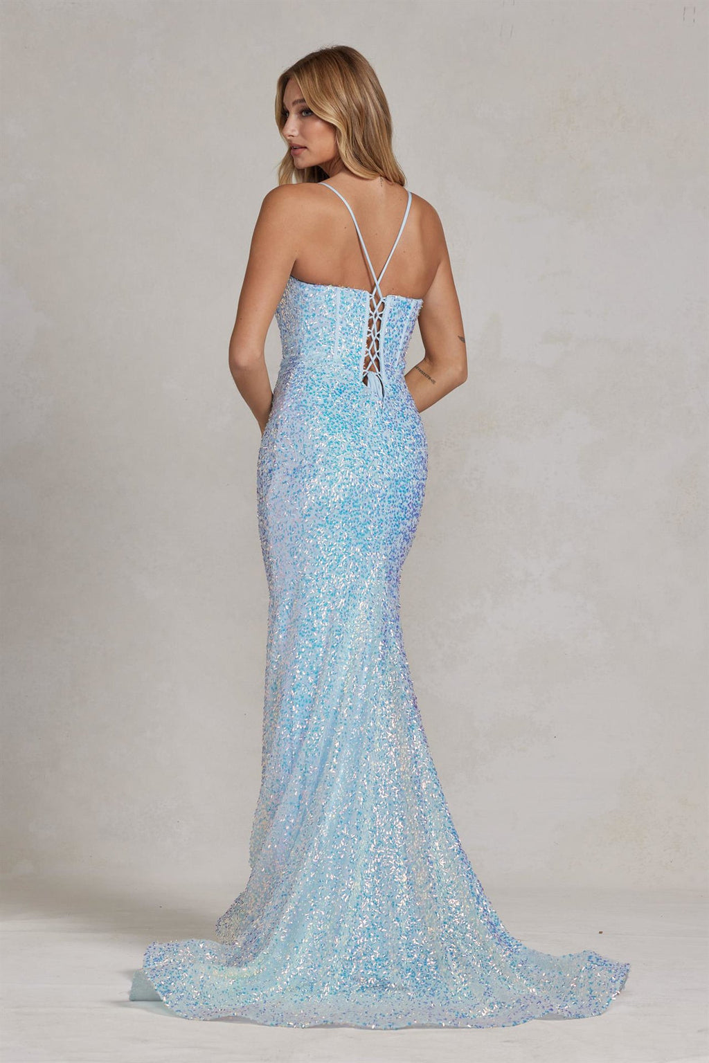 Embroidered Sequins Illusion V-Neck Open Back Mermaid Long Evening Dress NXC1094