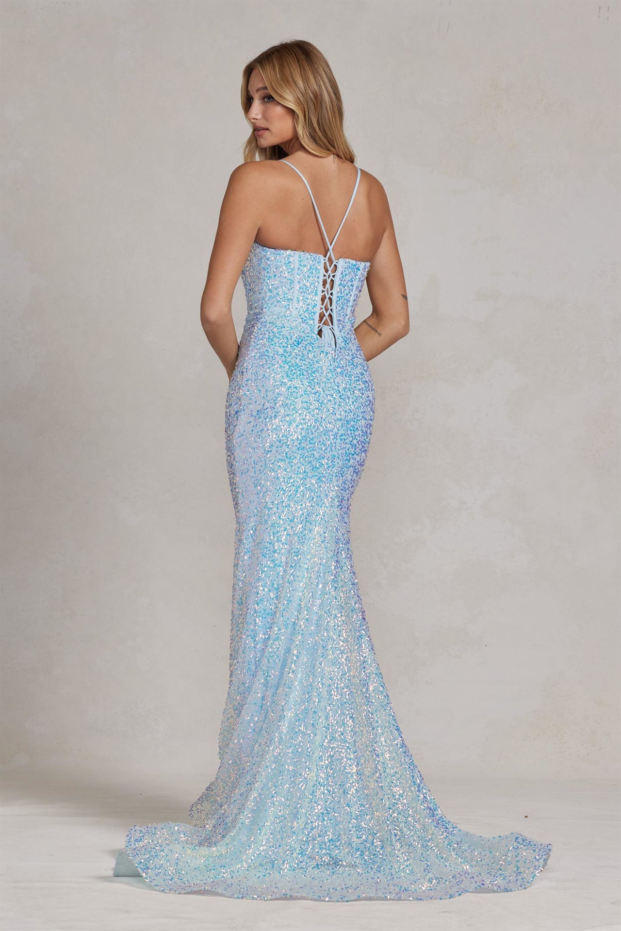 Embroidered Sequins Illusion V-Neck Open Back Mermaid Long Evening Dress NXC1094