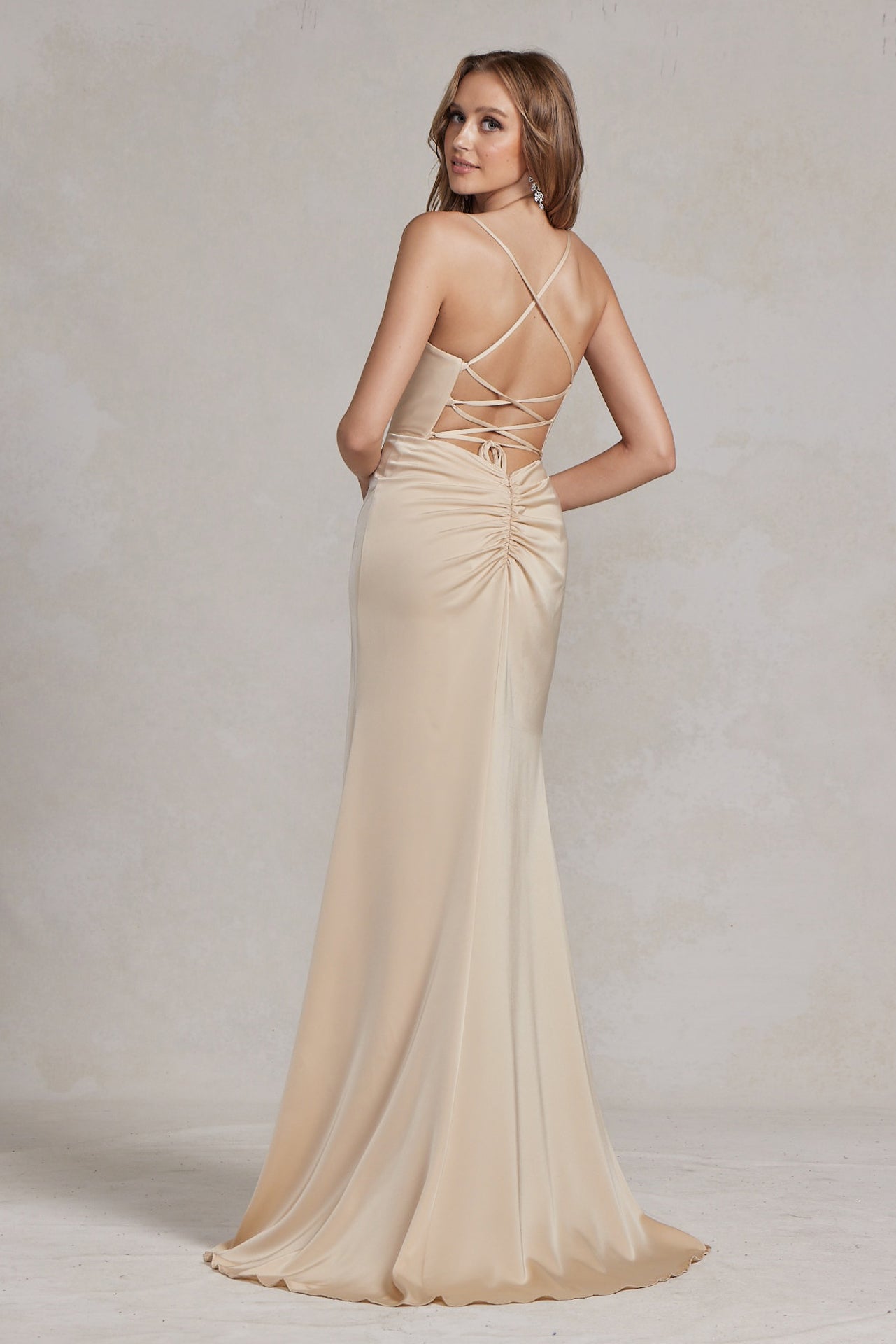 Side Slit Cowl Neck Satin Open Criss Cross Back Long Evening Dress NXE1068
